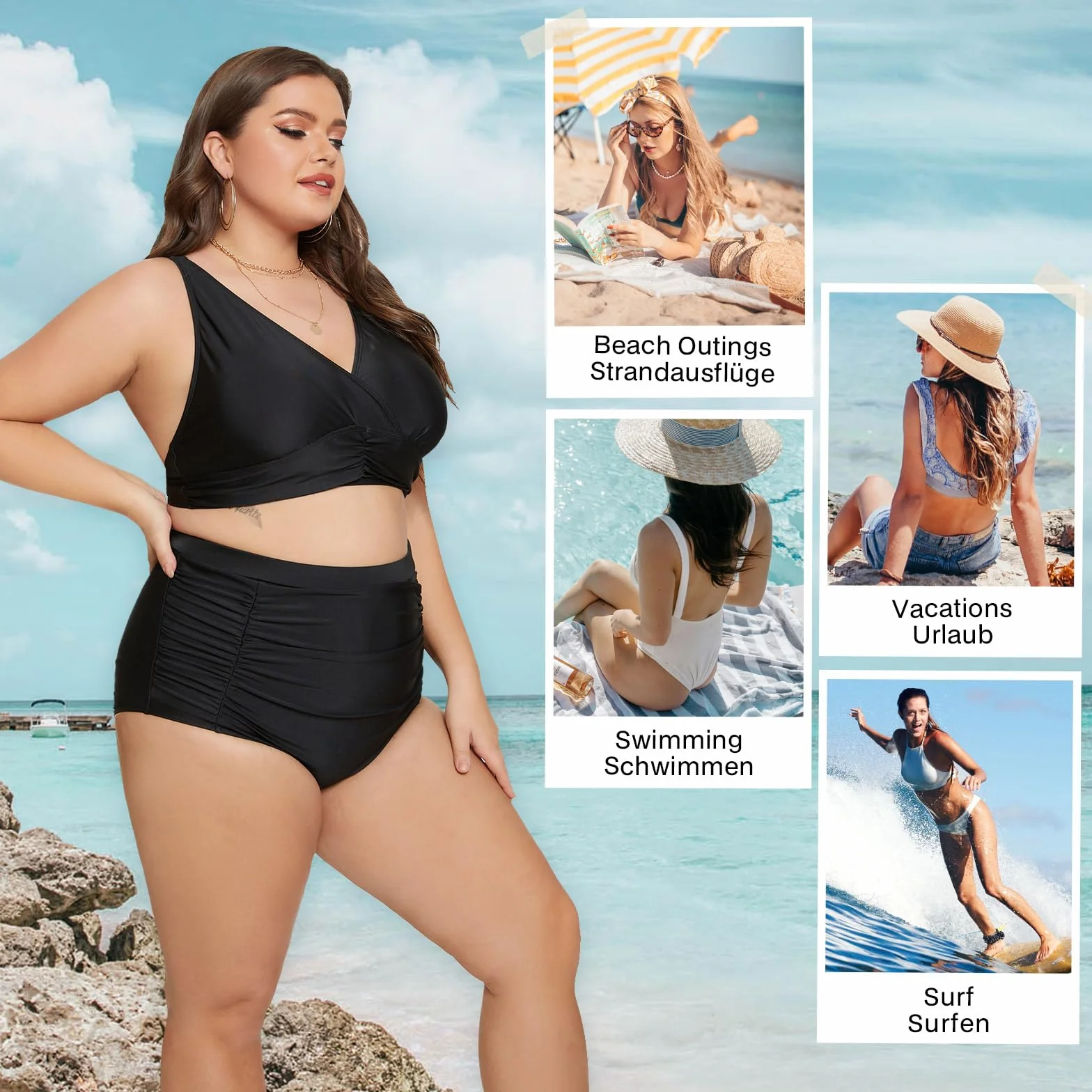 Hanna Nikole Damski zestaw bikini z wysokim stanem, marszczony strój kąpielowy push-up, kontrola brzucha, dwuczęściowy strój kąpielowy