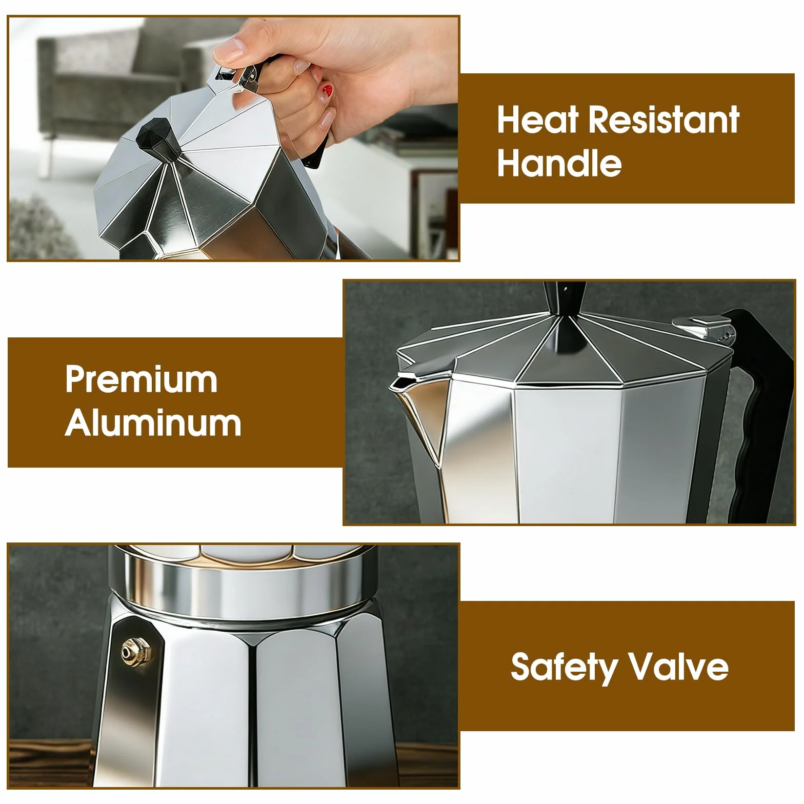 Zaparzacz do Espresso Moka, Idealny Gazowych, Ergonomiczny Uchwyt Odporny, Aluminiowy Ekspres do Kawy na 6 Filiżanek, Włoski Dzbanek Moka z Zaworem Bezpieczeństwa