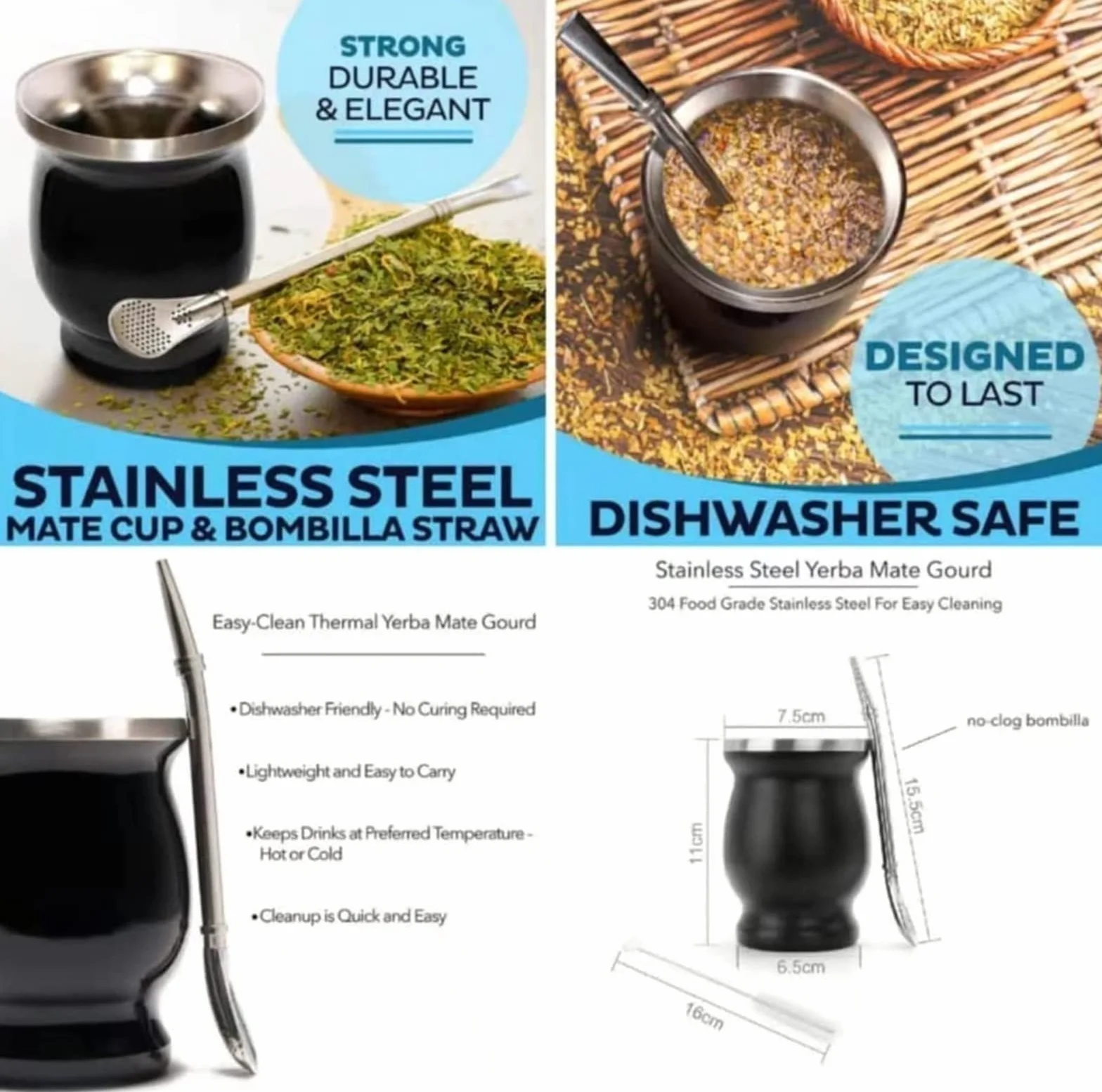 Yerba Mate Cup Bombilla zestaw | 237 ml tykwa Yerba Mate | bombilla ze stali nierdzewnej srebrna zakrzywiona słomka bombilla i szczotka do czyszczenia, łatwa w czyszczeniu, tykwa Yerba Mate (niebieska)