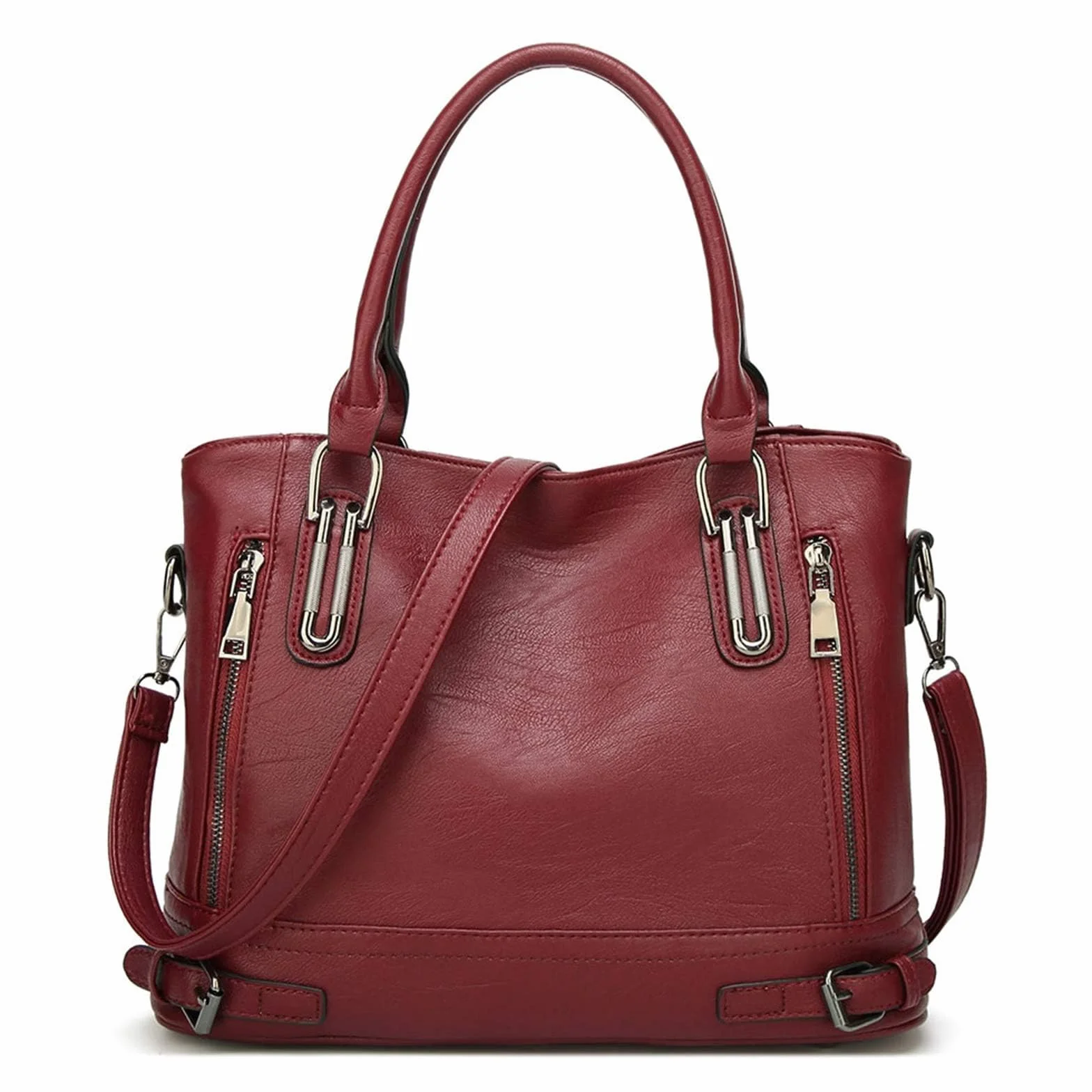 Torebka damska, skórzana torba z uszami, z uchwytem, w stylu vintage, miękka torba na ramię dla kobiet, Burgundy czerwony, F