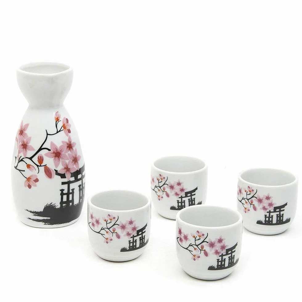 Generic Różowy japoński zestaw sake, porcelana, biały