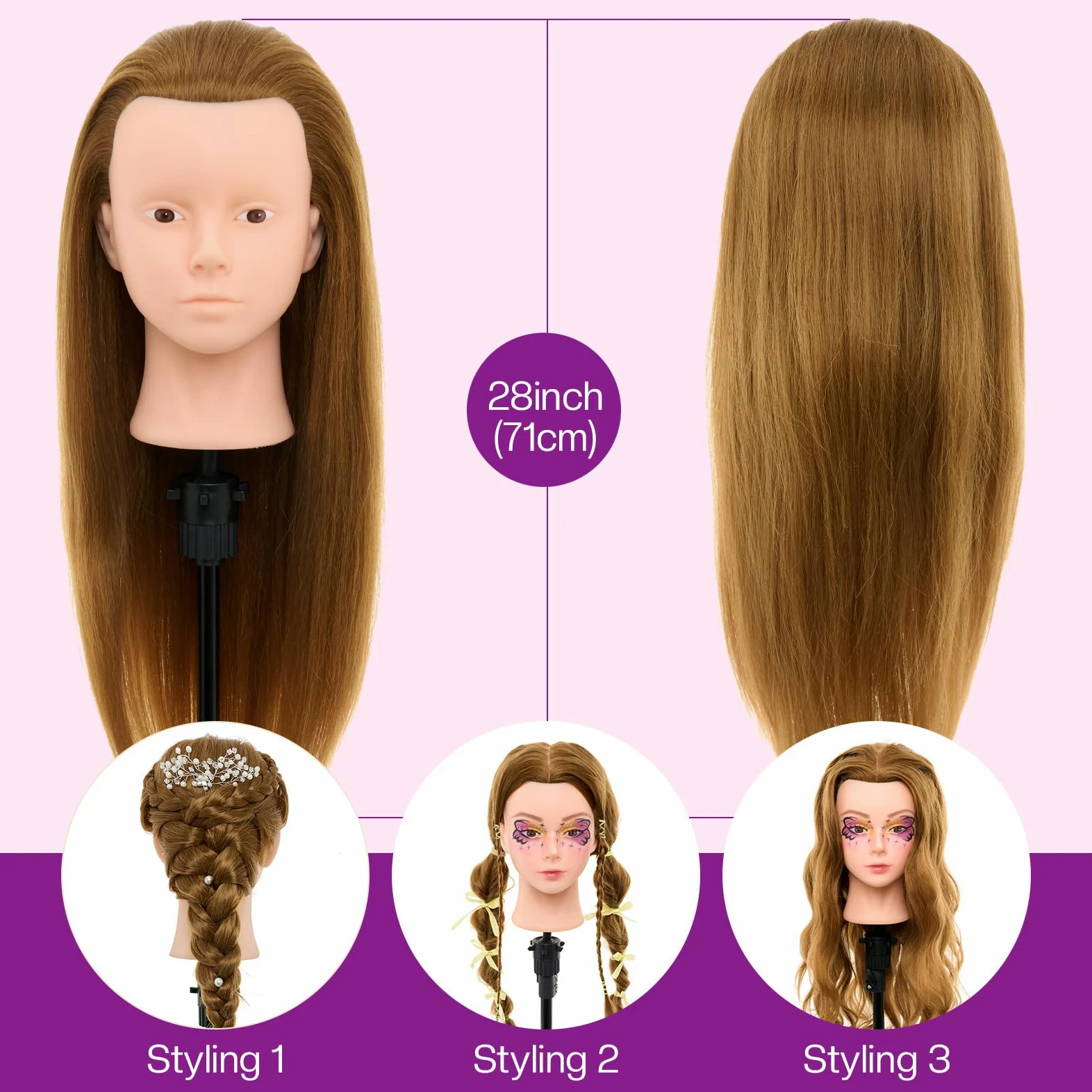 Neverland Profesjonalna główka do makijażu 71 cm z 60% ludzkimi włosami, główka fryzjerska do makijażu z narzędziami do stylizacji włosów, rzęsami i klipsami stołowymi (blond)
