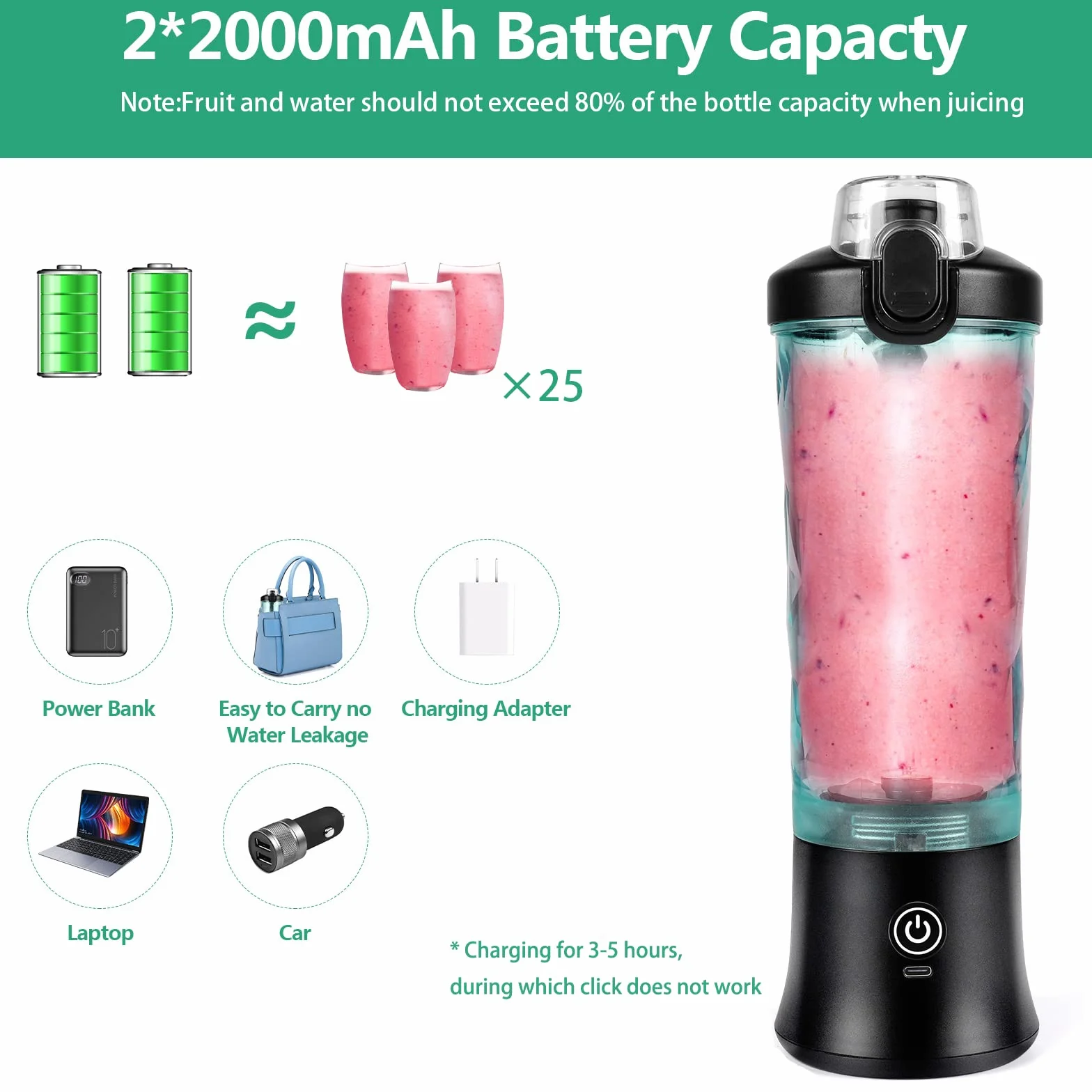 Dreamhigh® Blender Smoothie Maker, przenośny blender 600 ml do koktajli i koktajli z 6 ostrzami, mini blender 4000 mAh może wycisnąć 25 filiżanek soku do biura, na kemping i w podróż