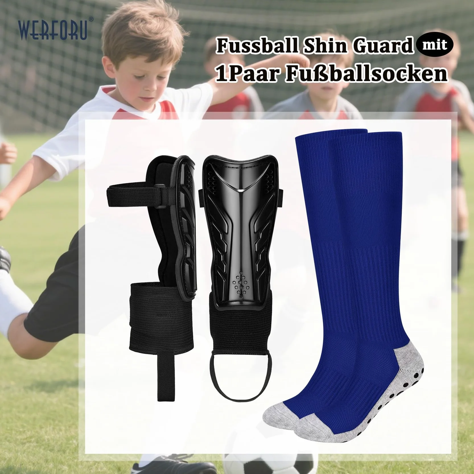 WERFORU Dziecięce skarpety piłkarskie z ochraniaczami piszczeli, 3-16 lat, długie skarpety piłkarskie, antypoślizgowe skarpety sportowe dla chłopców i dziewczynek, do treningu piłki nożnej