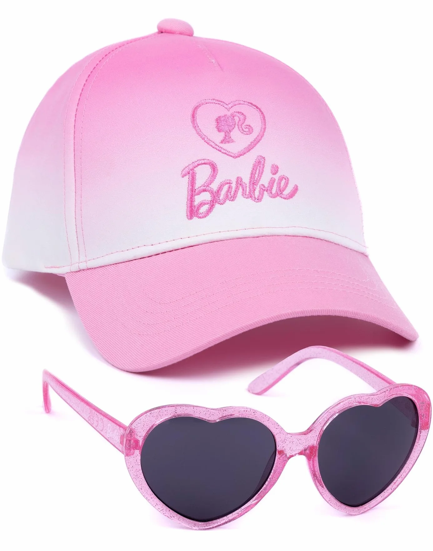 Barbie Dziewczęca czapka i okulary przeciwsłoneczne gratis | dziecięca lalka logo różowa ombre regulowana czapka bejsbolówka lato urlop akcesoria | modna lalka merchandise prezent, Rosa, Rozmiar