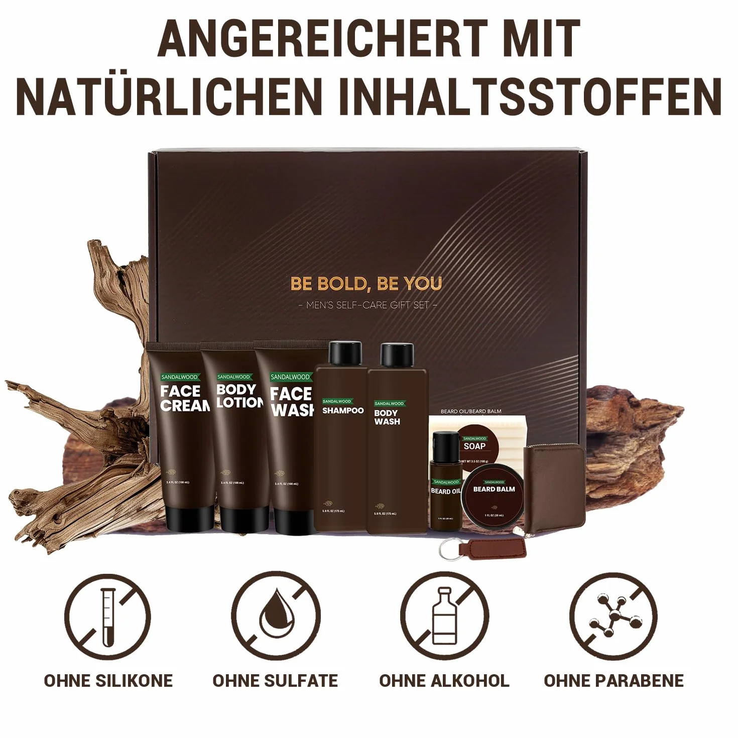BODY & EARTH Zestaw upominkowy do pielęgnacji dla mężczyzn, drzewo sandałowe, 10-częściowy zestaw pielęgnacyjny z olejkiem barowym, balsam i wizytówką i nie tylko