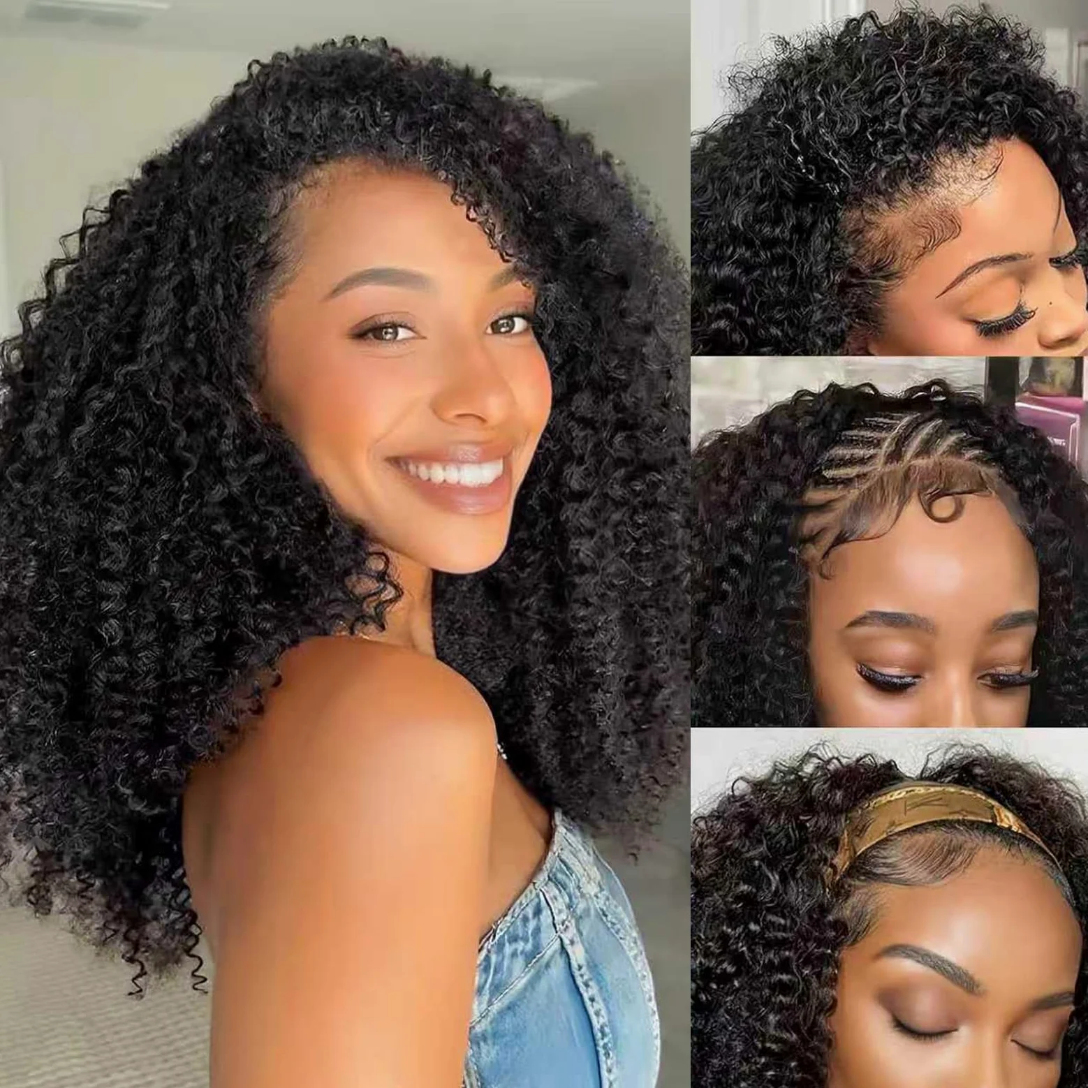 Kinky Curly Half Wig Human Hair 180% Density 3 In 1 Seamless Flip Over Half Wigs Human Hair Glueless Wear and Go Kinky Curly Wig with Drawstring Headband Wigs for Women Invisible Hairline 16 Inch