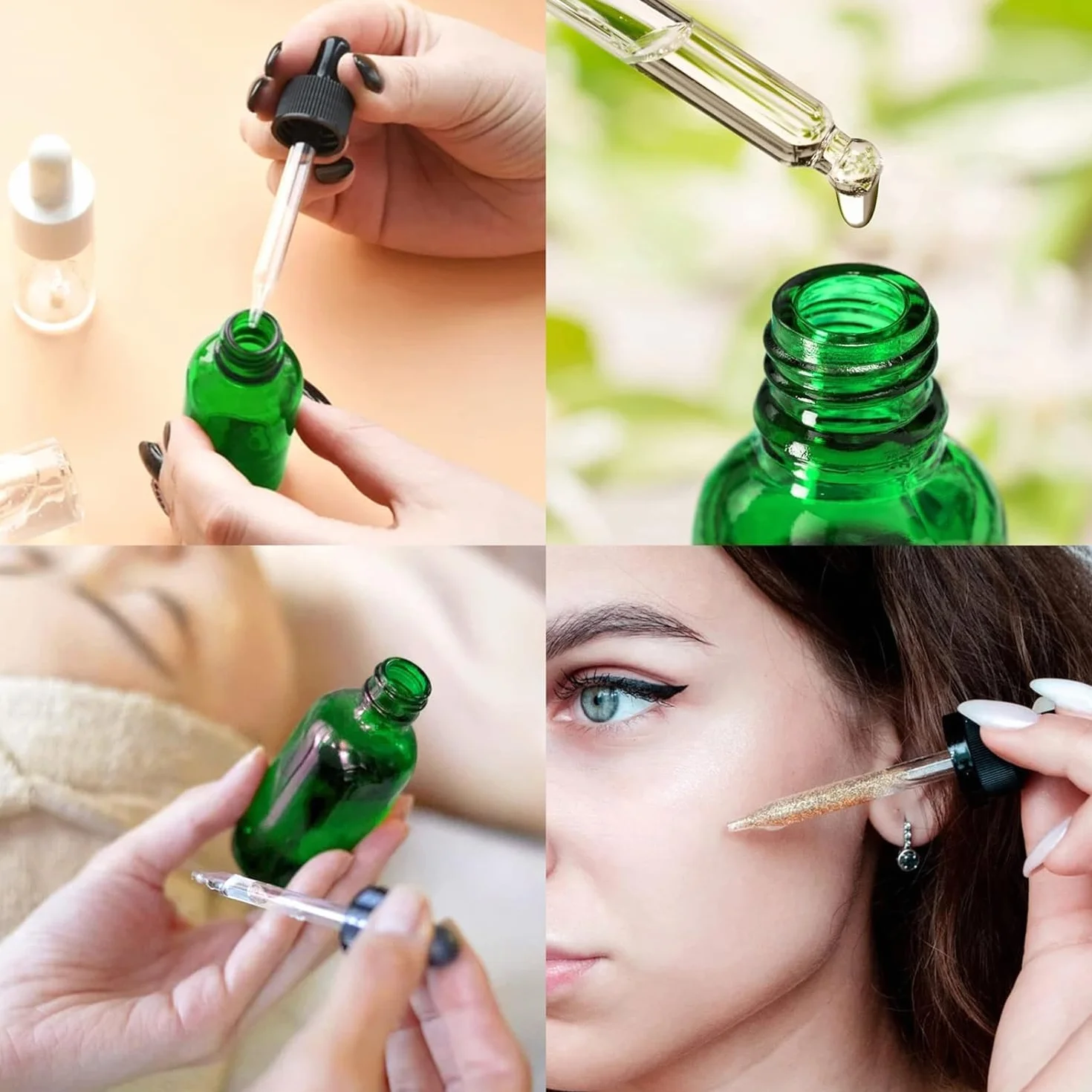AMJKEJI Butelki z pipetą 30 ml, butelka z lejkiem do pipety, butelka perfum z zakraplaczem, szklany zakraplacz do olejków eterycznych, perfum, aromaterapia, zielone, 12 sztuk