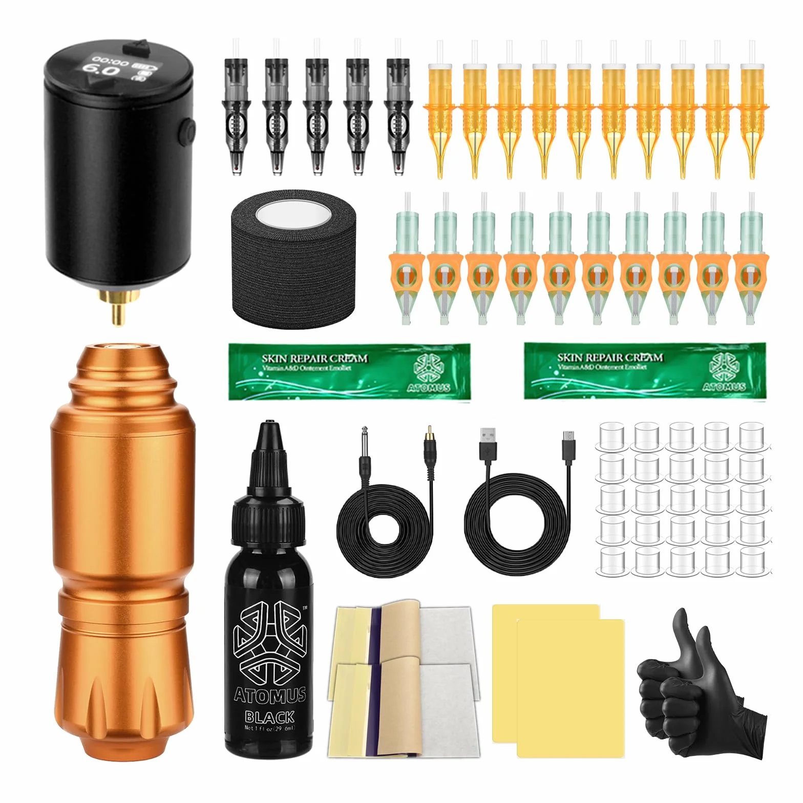 ATOMUS Golden Short Tattoo Pen Kit LCD Tattoo Power Supply Cartridge Rotary Complete Professional Tattoo Machine for Beginners(AT12)