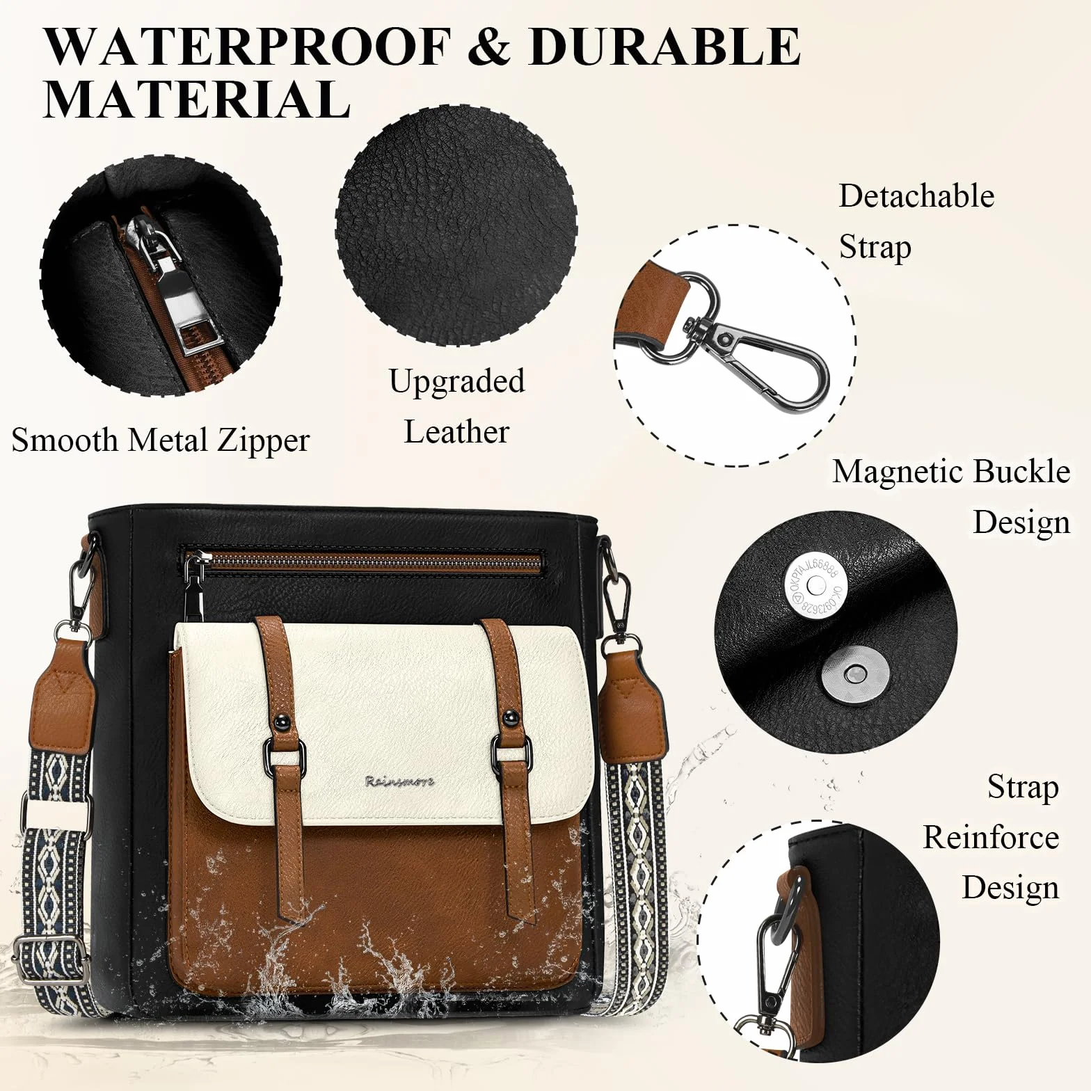 RAINSMORE Torba na ramię Kobiety Torby Na Ramię Torebki Kobiety Wielopunktówki Średnie skórzane torby na ramię Crossbody Torba na zakupy Szkoła Praca Podróże