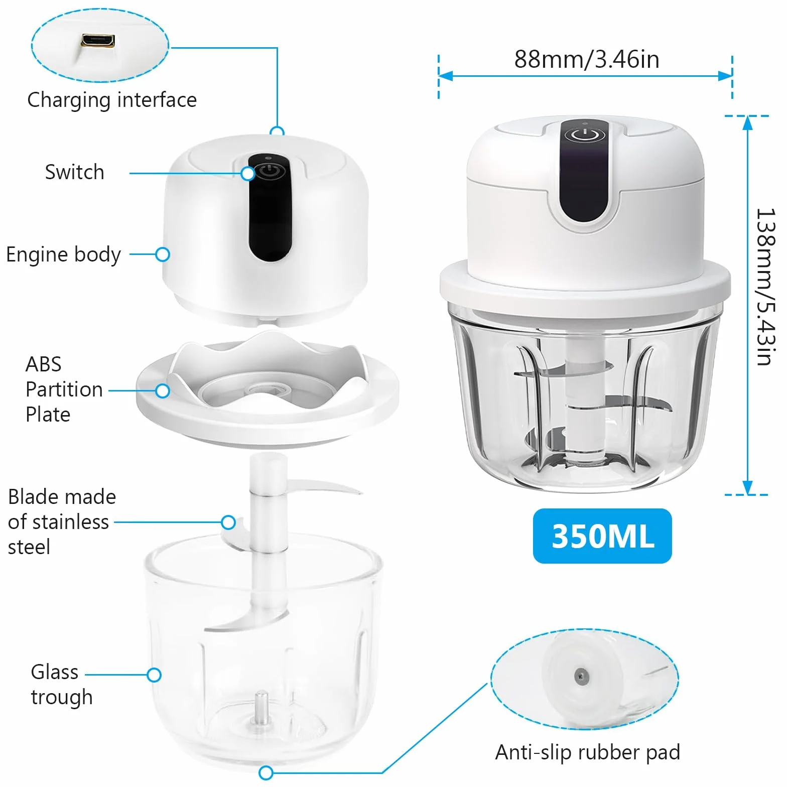 Vegena Elektryczna krajalnica do cebuli, 350 ml, 3 filiżanki, mini krajalnica do cebuli, czosnku, warzyw i owoców