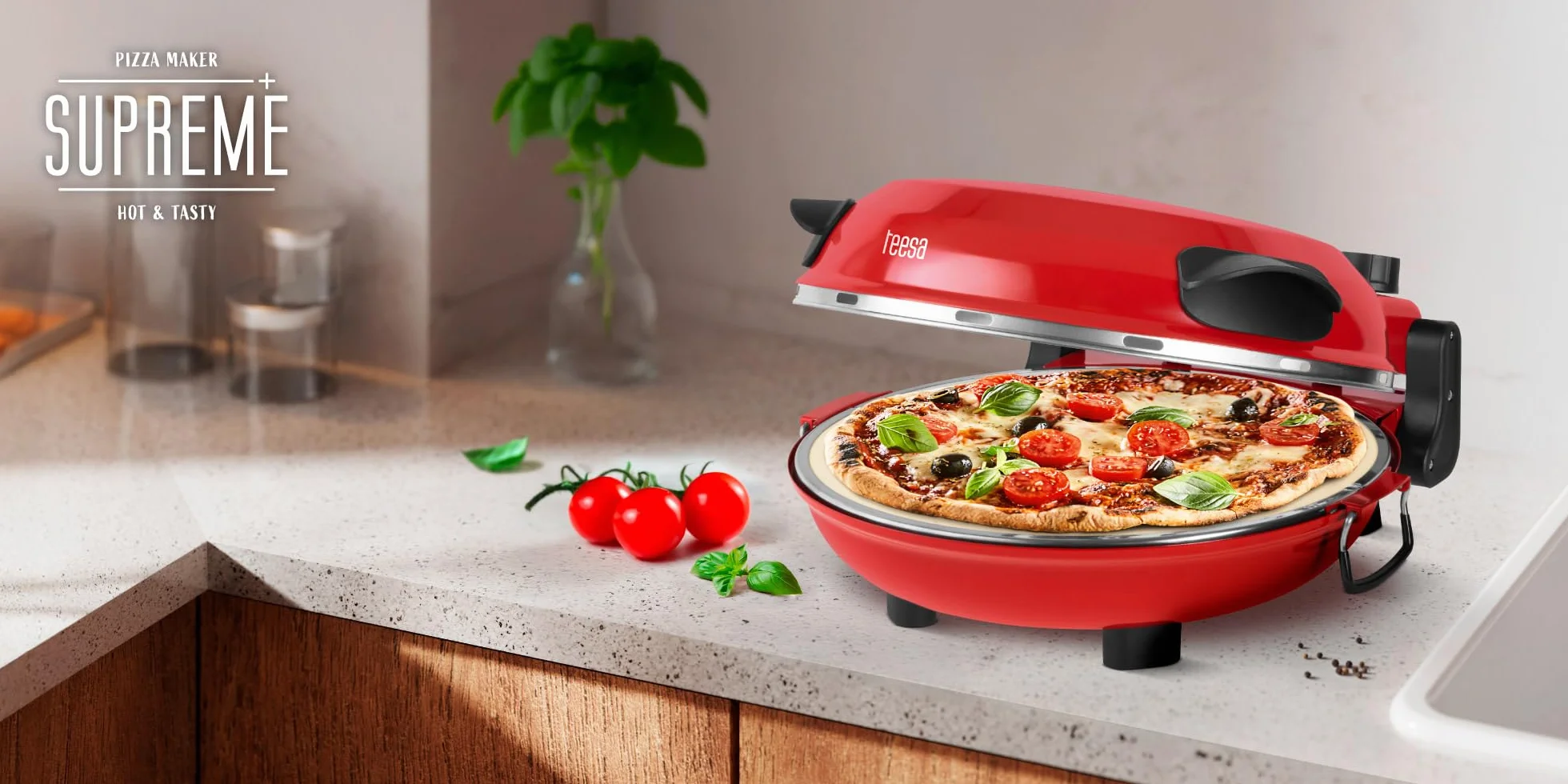 Teesa Piec do Pizzy Supreme+ 405°C 1200 W Okienko Łopatki Wyjmowany Kamień Regulacja Temperatury TSA3238