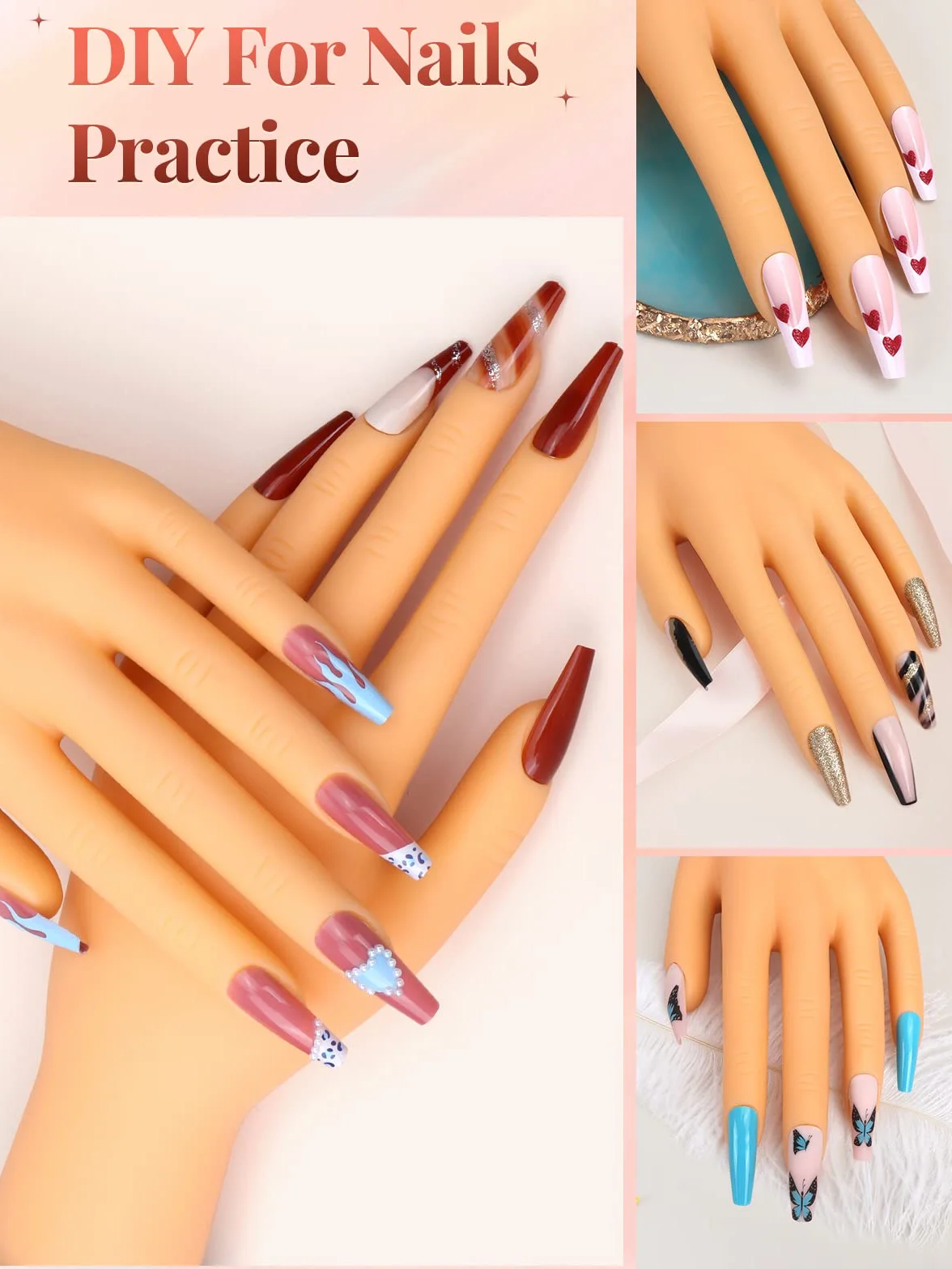 LIONVISON Ręka ćwiczeniowa do paznokci akrylowych, profesjonalne narzędzia do sztuki paznokci z 200 sztuk sztucznych paznokci, ręka ćwiczeniowa do DIY manicure