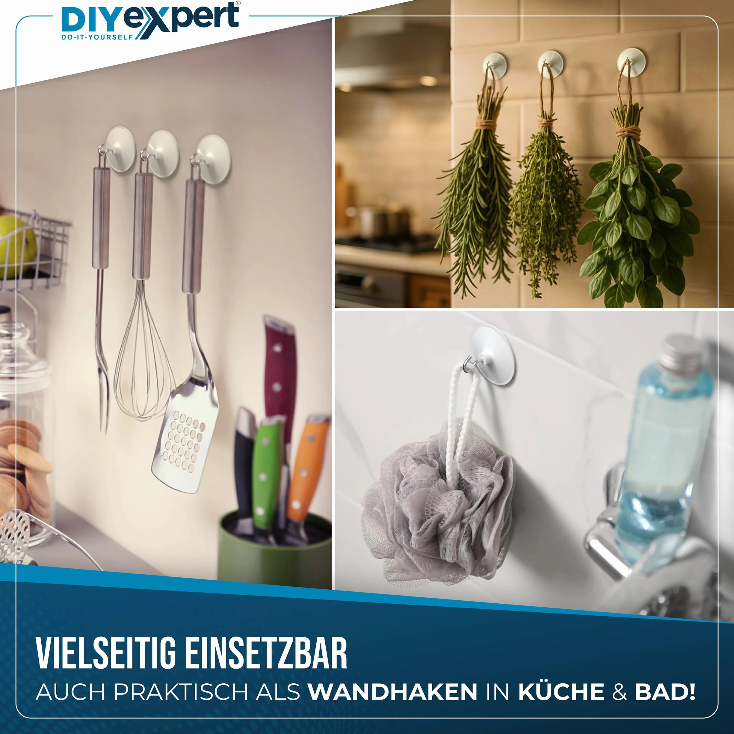 DIYexpert haki sufitowe samoprzylepne | wykonane w Niemczech | [z uchwytami] [4 sztuki] | bardzo mocne klejone haki sufitowe | wieszaki ścienne bez wiercenia