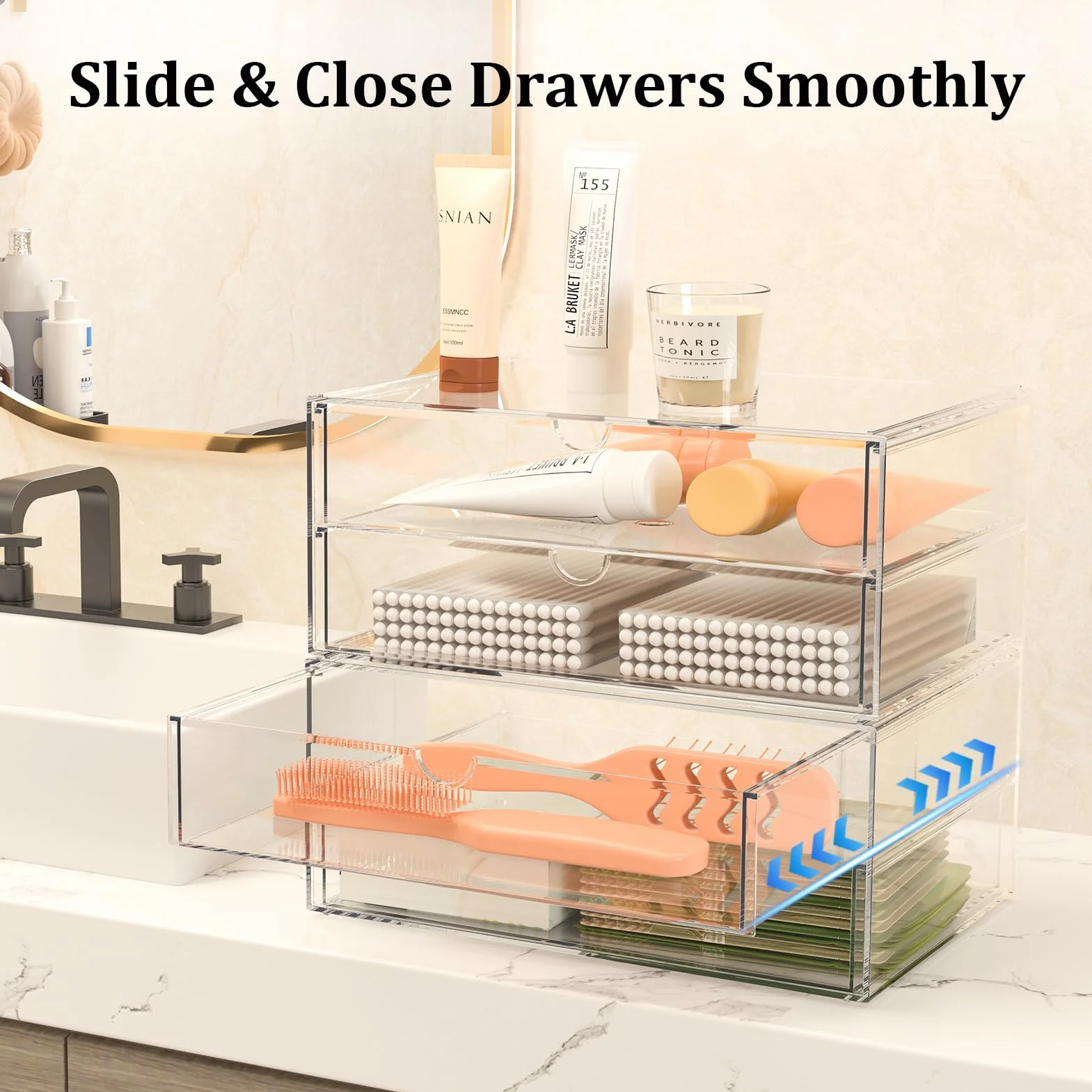 SortNStore Vanity Organizer z 4 szerokimi szufladami: Zestaw 2 akrylowych organizerów biurkowych z antypoślizgowymi podkładkami | Składana szuflada do biura, sypialni, łazienki