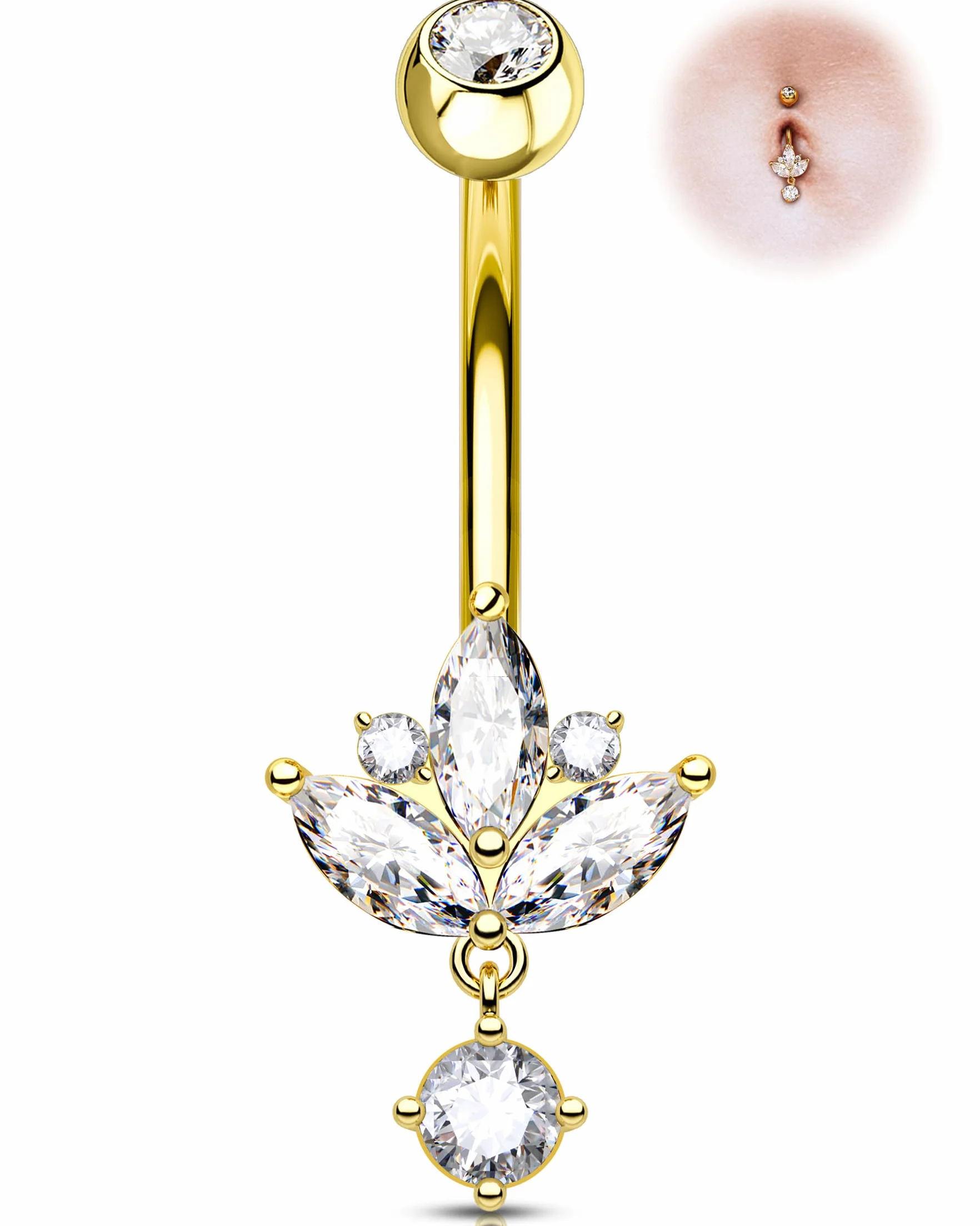 OUFER Lotus Piercing do pępka 14G Dangly srebrny złoty kolczyk do brzucha biżuteria ze stali chirurgicznej do pępka, przezroczysta biżuteria CZ Belly Bar Bananabells dla kobiet, 10 mm