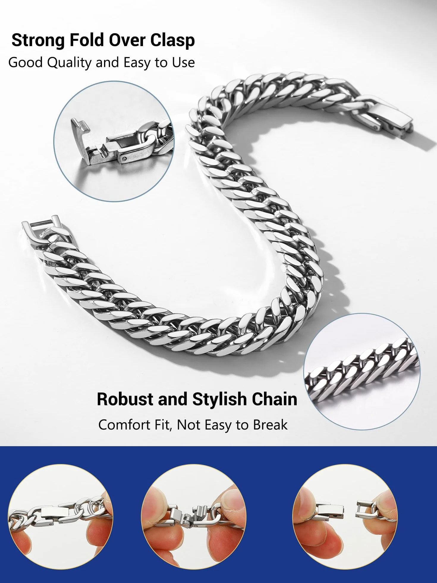 PROSTEEL Bransoletka łańcuszkowa dla mężczyzn, szerokość 17 mm, kubańska bransoletka ogniwowa, srebrna/pozłacana, czarna biżuteria hip-hopowa, 19/21/23 cm, dla mężczyzn, chłopców, z pudełkiem