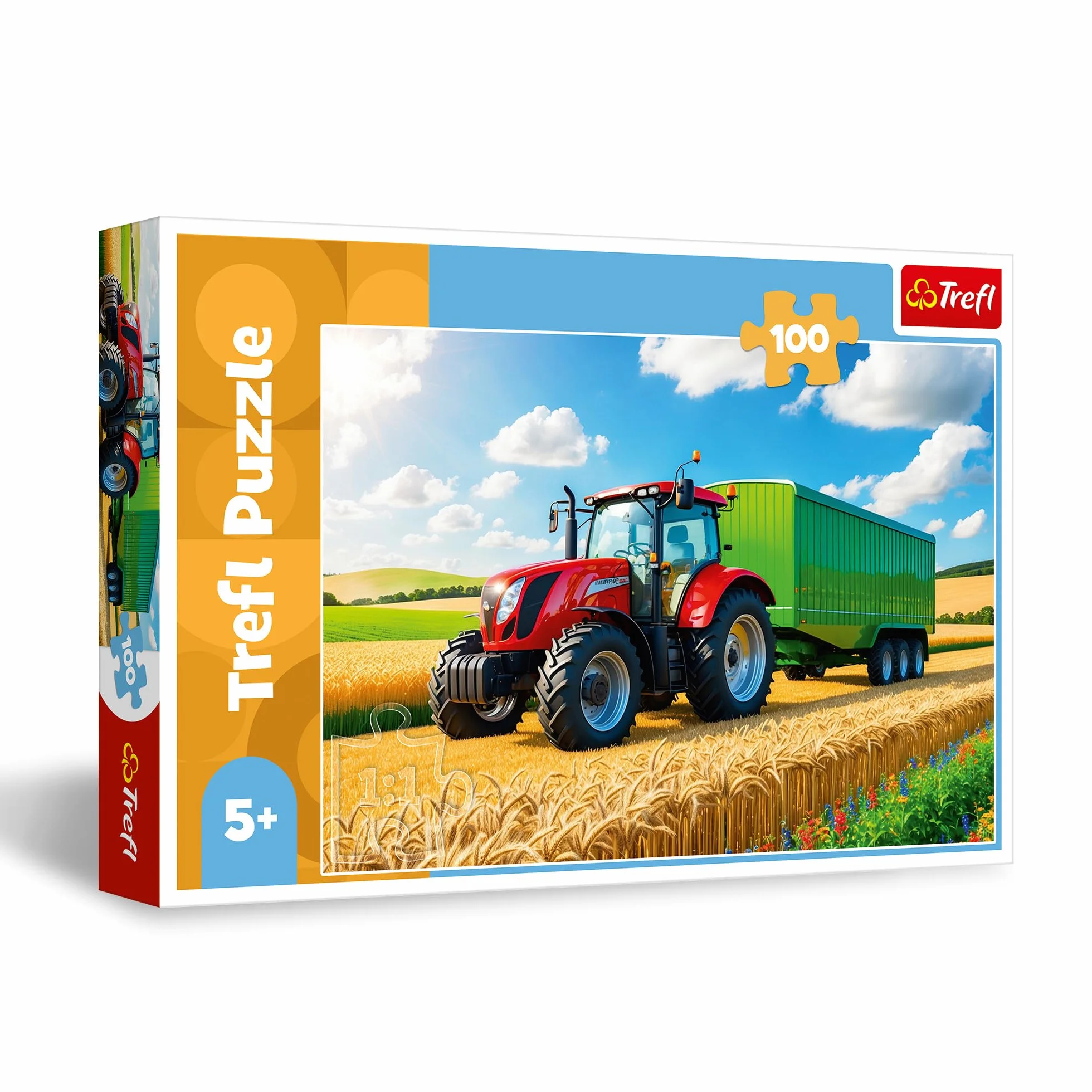 Trefl - Maszyny Rolnicze, Traktor z Przyczepą - Puzzle 100 Elementów - Układanka z Pojazdami, Kreatywna Rozrywka, Zabawa dla Dzieci od 5 lat