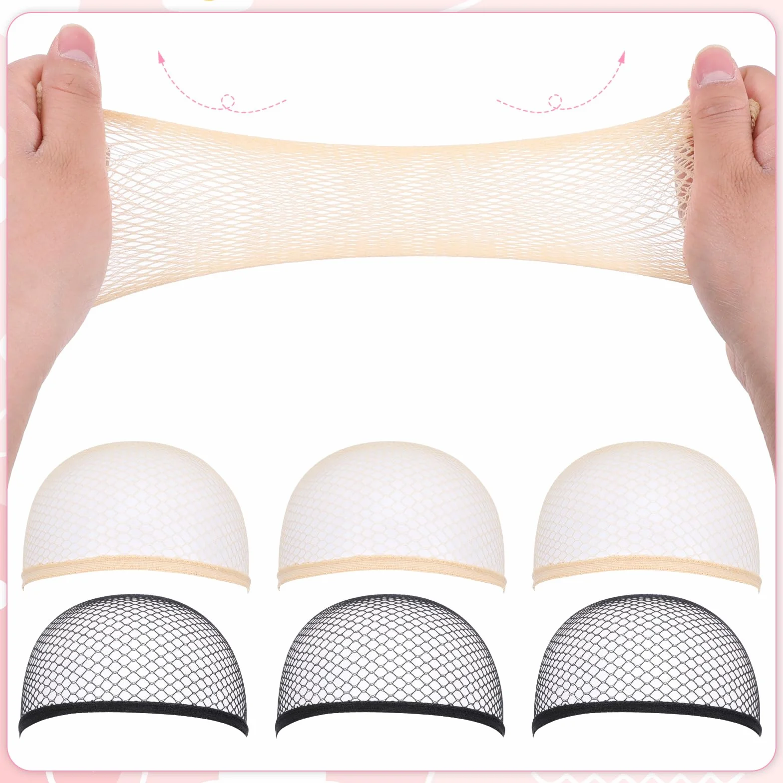 6 szt. nylonowych siatek na włosy, siatka na perukę, rozciągliwa, oddychająca peruka, elastyczny czepek pod perukę, akcesoria do codziennego użytku