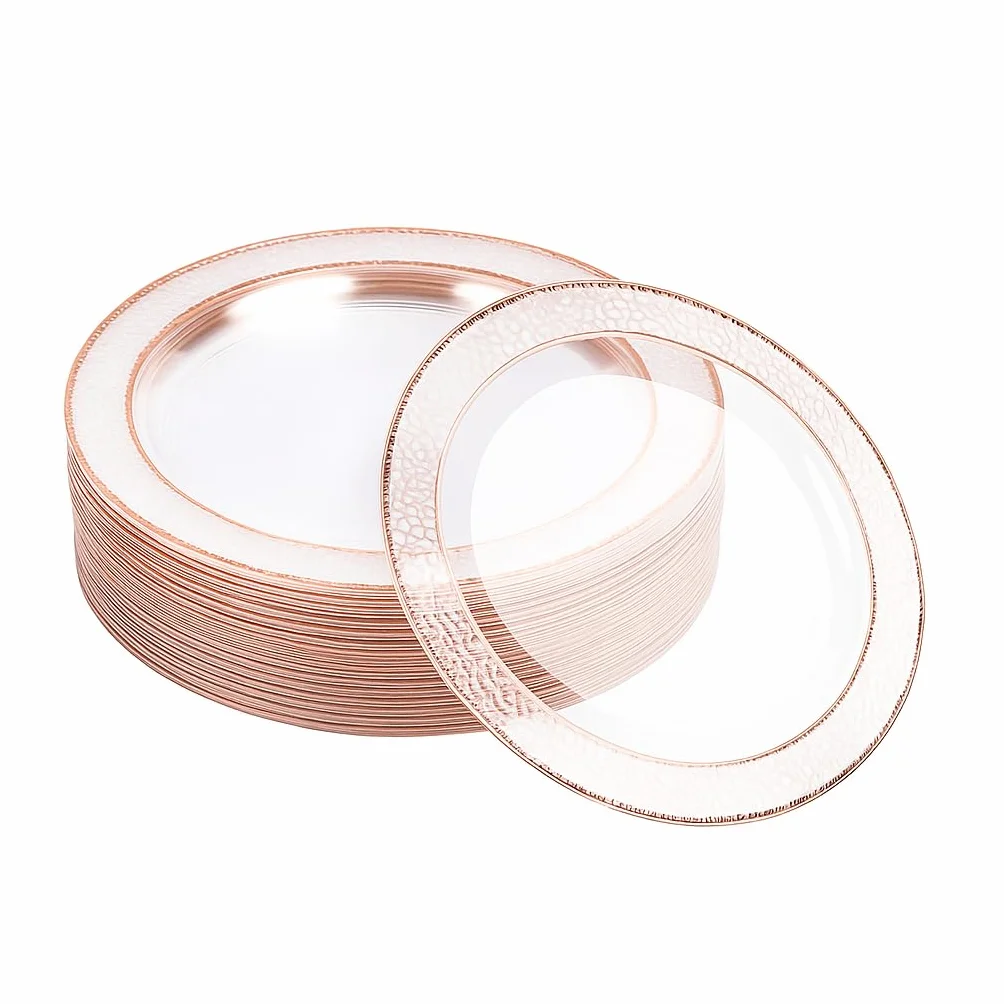 MATANA 20 przezroczystych plastikowych talerzy deserowych premium z obrzeżem w kolorze różowego złota, eleganckie i wielokrotnego użytku, małe talerze boczne, talerze startowe na wesela, urodziny,