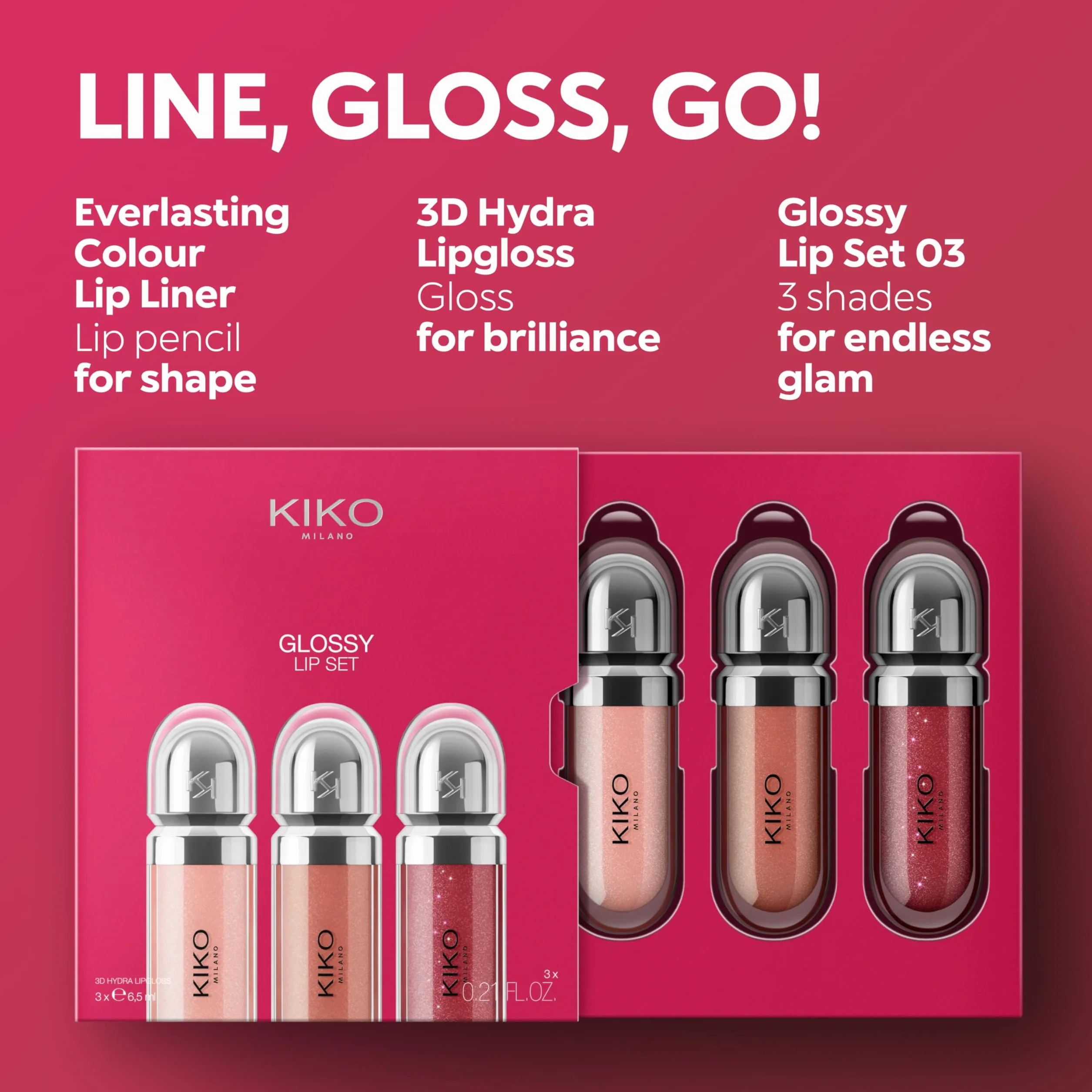 KIKO Milano Glossy Lip Set 03, Zestaw Do Ust: 3 Nawilżające Błyszczyki Do Ust Z Efektem Objętości 3D