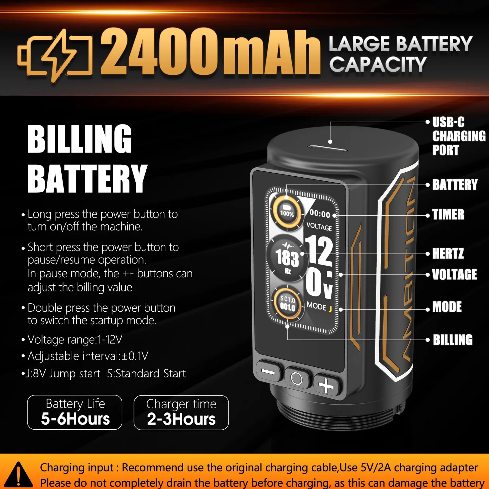 Ambition Rotary Tattoo Gun Ninja Max 280 Bezprzewodowa Maszynka z 7 Skokami 2,4–4,5 mm, Podwójna Bateria 2400mAh, Silnik 280 g.cm, Uchwyty 54 mm i 32 mm