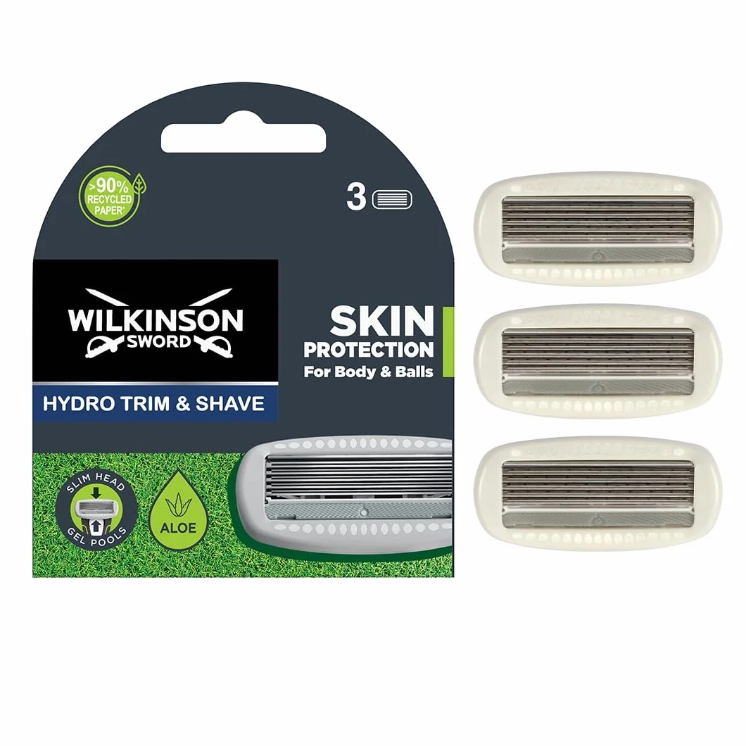 WILKINSON SWORD Hydro Trim & Shave Blades - zestaw 3 wymiennych ostrzy, odpowiednie dla skóry wrażliwej, 5 ostrzy krawędziowych z basenami żelowymi aloesowymi