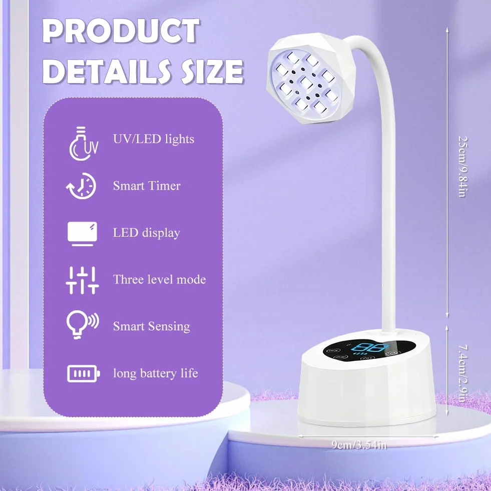 Lampa UV do paznokci żelowych, lampa UV z 3 timerami, wyświetlaczem LCD, automatyczne wykrywanie, regulowany 360°, wąż składany, idealna mała lampa UV do paznokci dla początkujących i profesjonalistów