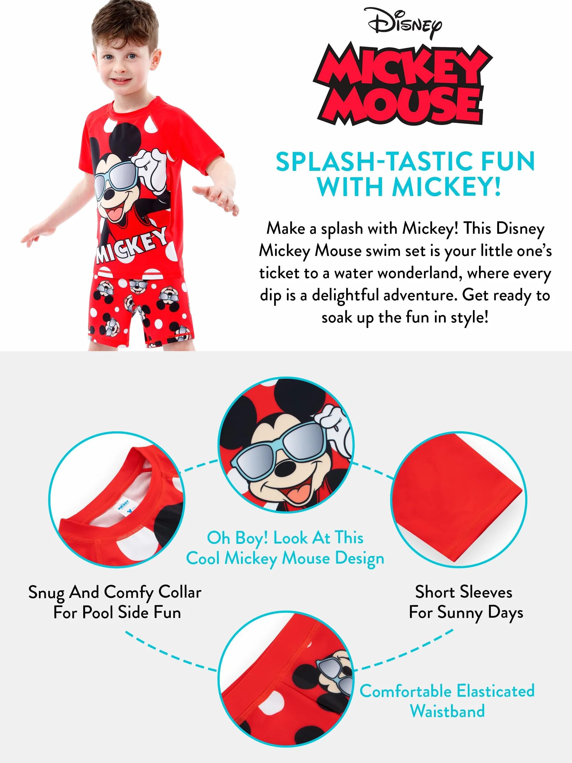 Kostium kąpielowy Disney Mickey Mouse 2 częściowy | Zestaw dla chłopców | Kamizelka ochronna i szorty do pływania dla dzieci