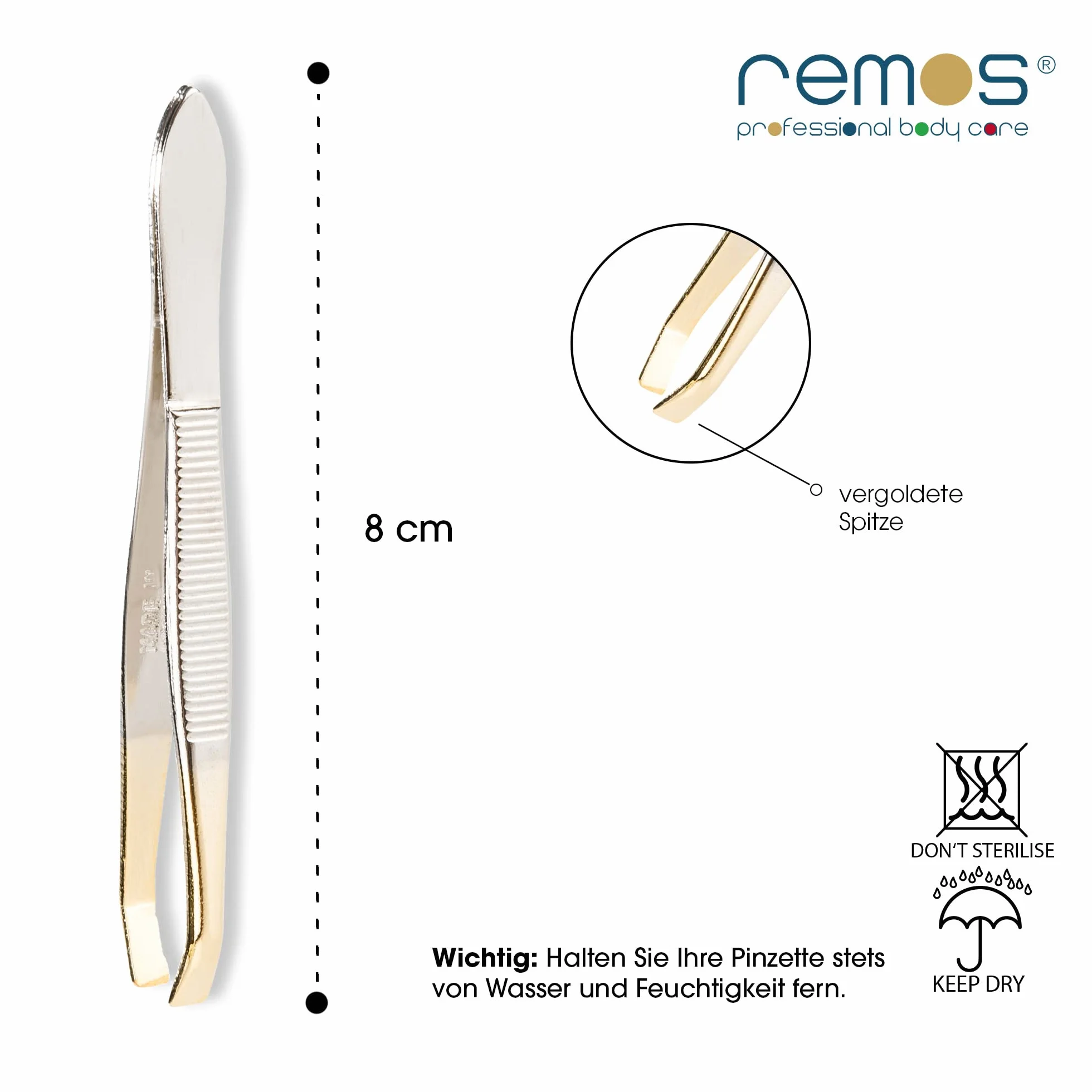 REMOS pęseta z zakrzywioną, prostą i pozłacaną końcówką 8 cm
