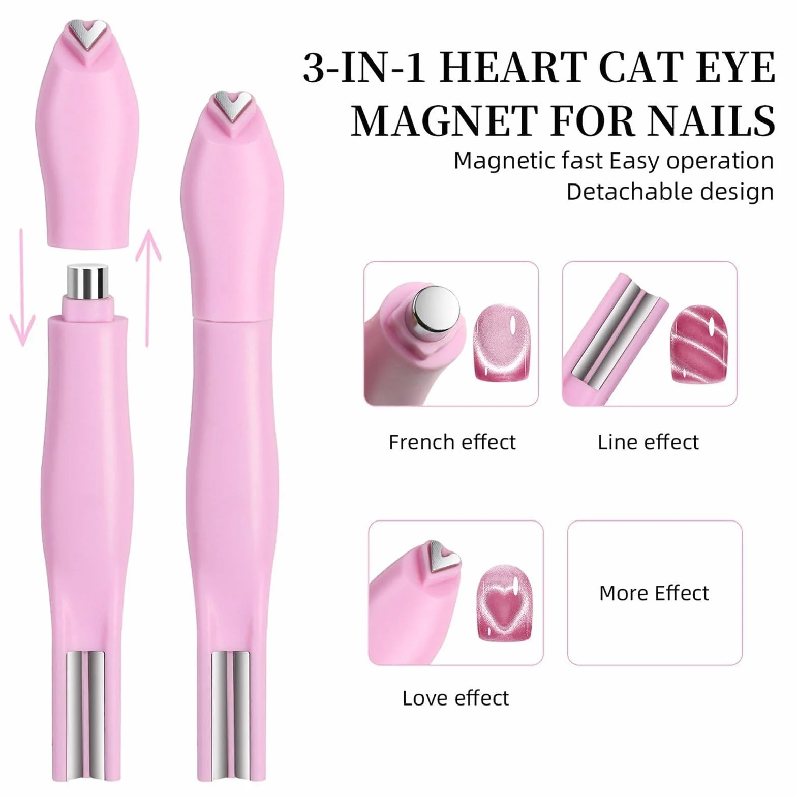 Magnes kocie oko, magnes do paznokci 3 w 1 do żelu UV i lakieru do paznokci kociego oka, wszechstronne narzędzie do projektowania paznokci do studia i manicure DIY, kształt serca i okrągłego