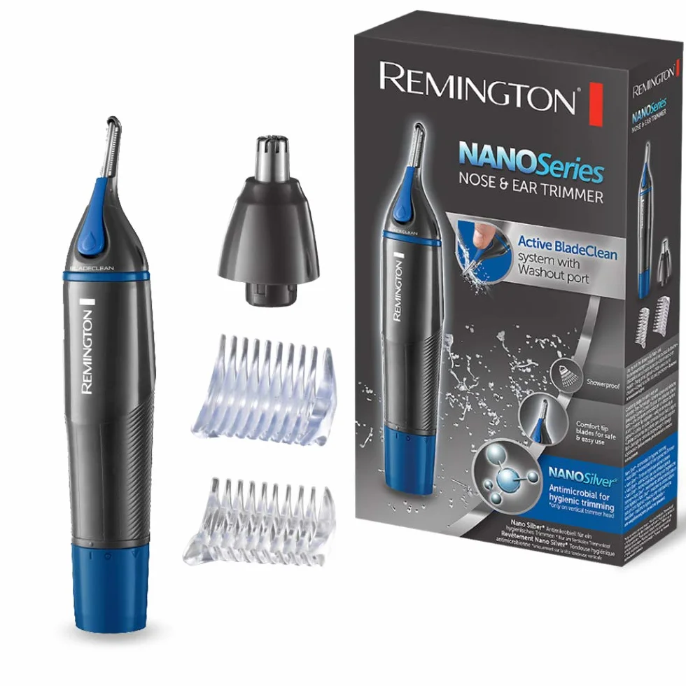 Remington trymer do nosa i uszu, powłoka antybakteryjna z nanosrebrem, dwustronny trymer, obrotowa głowica, zaokrąglone ostrza, nakładki grzebieniowe, szary, Hygiene Clipper NanoSeries NE3850