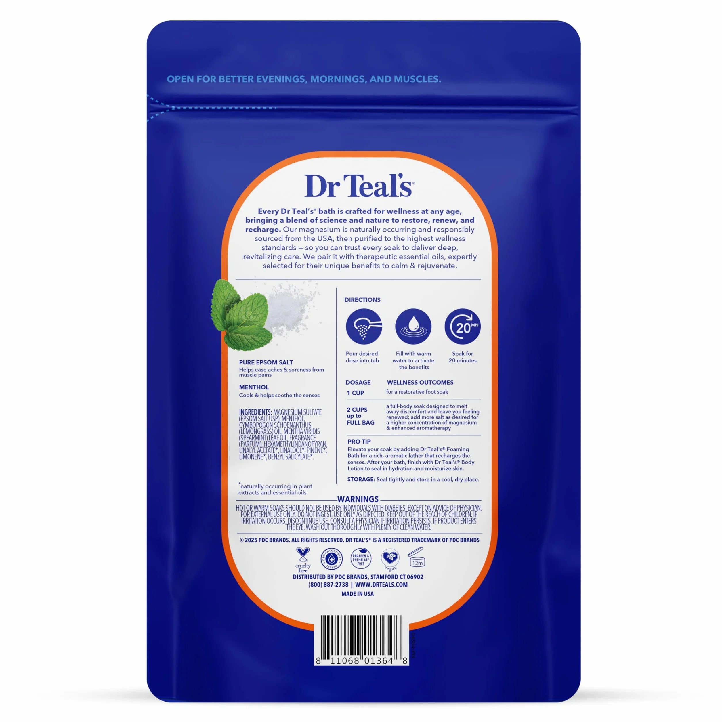 Dr Teal's Pure Epsom Salt Soaking Solution 1.36 kg pre e post allenamento con magnesio solfato & mentolo