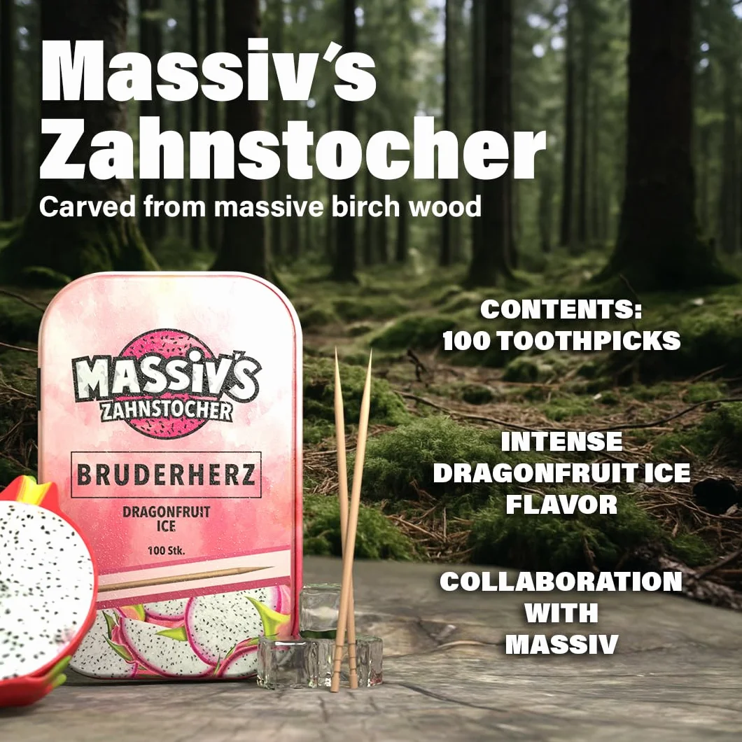 Massiv’s Toothpicks – Smakowe wykałaczki – BRUDERHERZ Dragonfruit Ice – 100 smakowych wykałaczek – Świeży oddech – Stylowa metalowa puszka – Wegańskie, bez cukru, bez kalorii