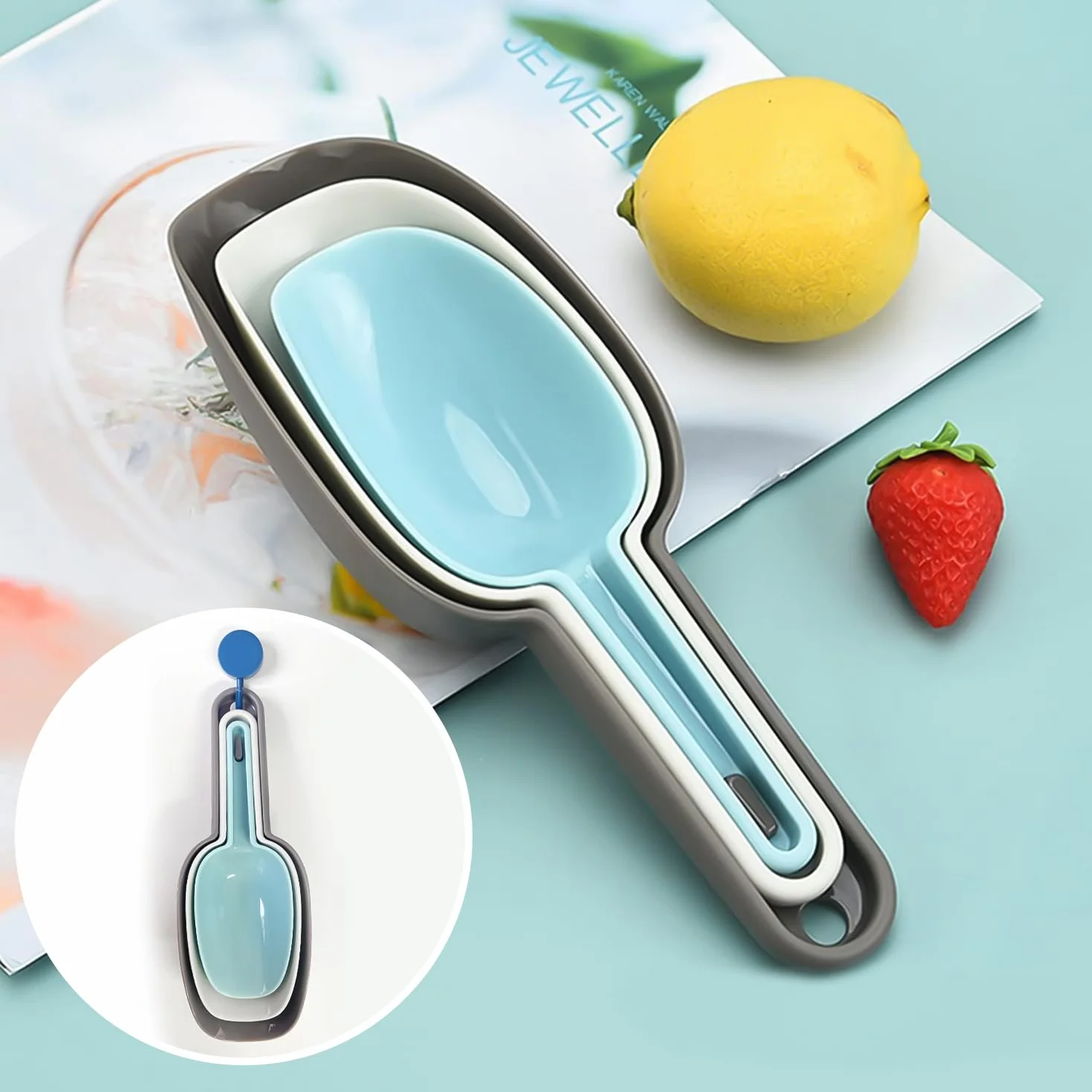 3-częściowy zestaw plastikowych łyżek do lodów, 1 mocny haczyk bez zarysowań, wielofunkcyjny, zapobiegający oparzeniom, łyżka do jedzenia, bar kuchenny, mąka, deser, kawa, łyżka do lodów, łopatka do