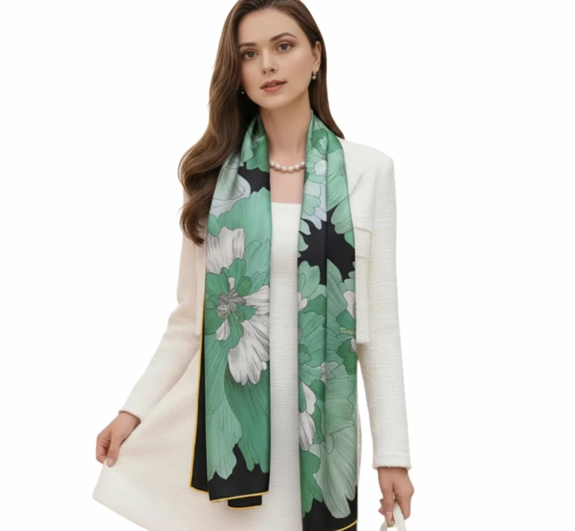 Designerska chusta jedwabna duża 100% jedwab zielona czarna chusta szyfon etola styl Aisan beżowy 130 x 130