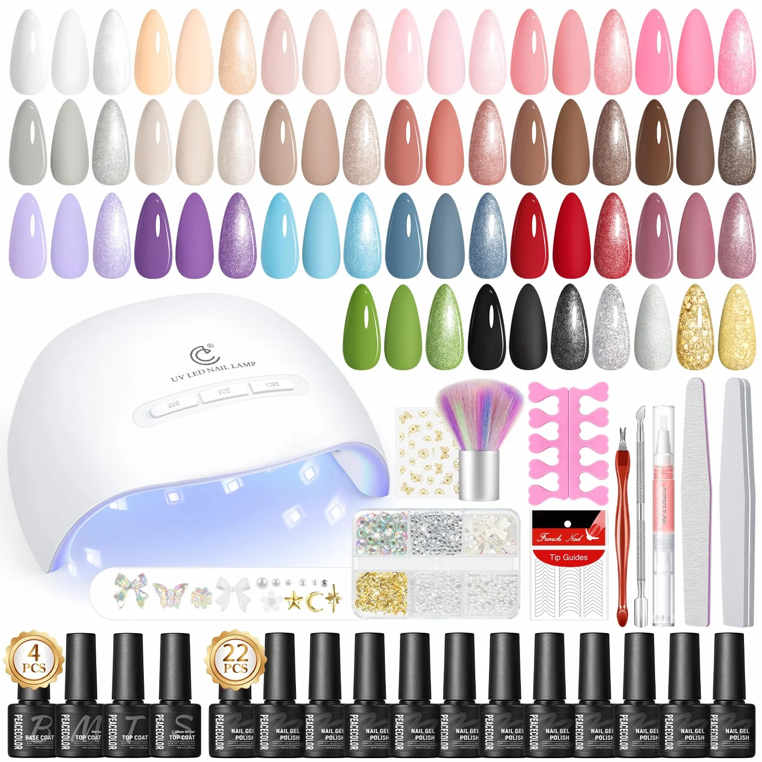 Zestaw lakierów do paznokci PEACECOLOR z lampą UV, 22 kolory lakierów żelowych UV, 4 bazy i top coat, zestaw do paznokci żelowych, zestaw startowy