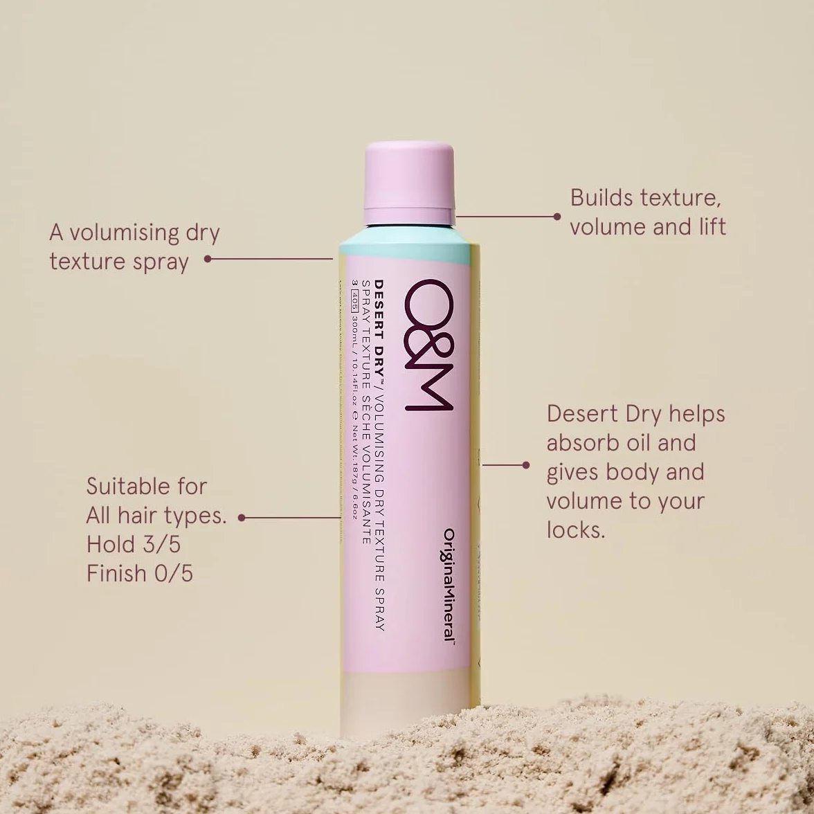 O&M Desert Dry Volumising Dry Texture Spray (300ml) - Zwiększanie objętości dla korzenia o elastycznej przyczepności - Spray teksturujący i pochłaniający olej - Bez siarczanów i silikonów - Certyfikat