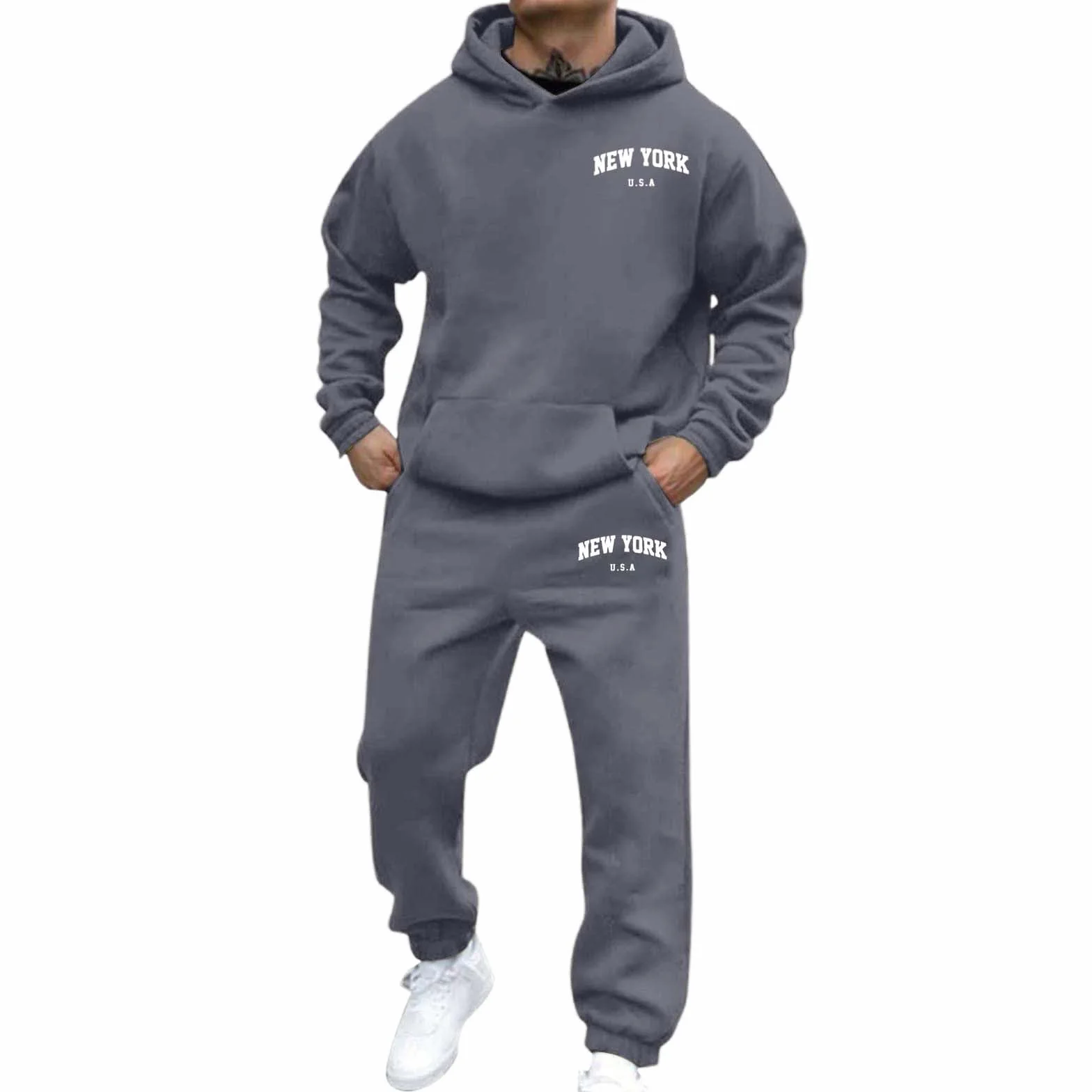 Generisch Męski dres do joggingu, zestaw New York Logo dres treningowy bluza z kapturem i spodnie do biegania, Y2K, długi rękaw, dres sportowy z kieszeniami, wygodny zestaw do joggingu, wygodny strój
