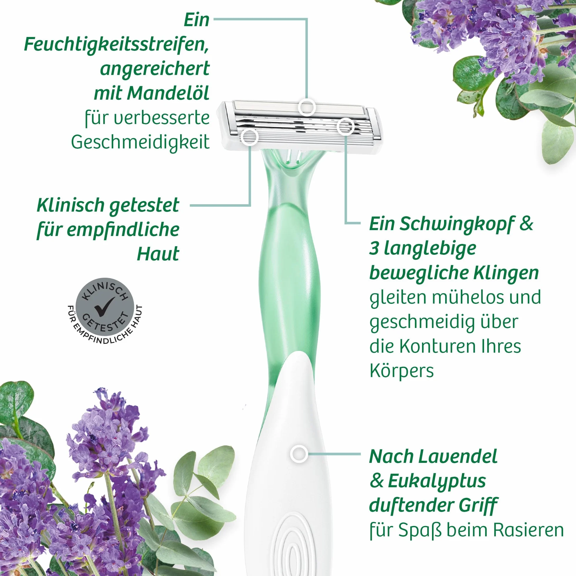 BIC Soleil Escape Damskie maszynki do golenia lawendowego i eukaliptusowego z 3 liśćmi i opaską nawilżającą z olejkiem migdałowym - opakowanie 4 szt