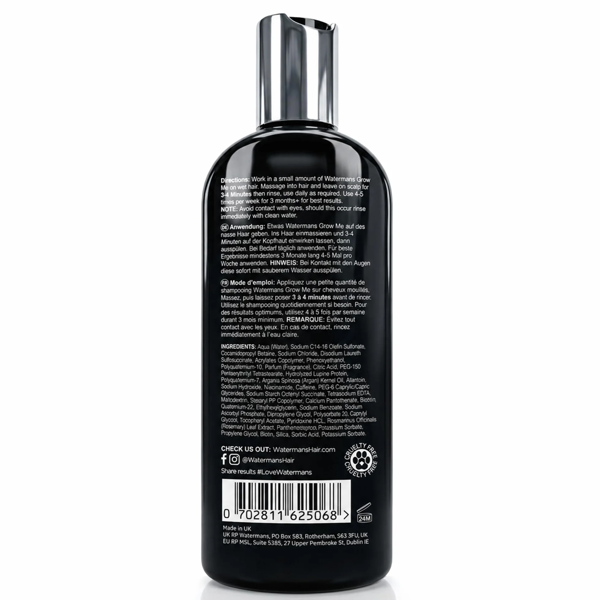 Szampon Grow Me® Hair Growth, bez siarczanów, wegański, z kofeiną, biotyną, olejem arganowym, alantoiną i rozmarynem. Stymuluje wzrost włosów, idealny dla wolno rosnących włosów u mężczyzn i kobiet.
