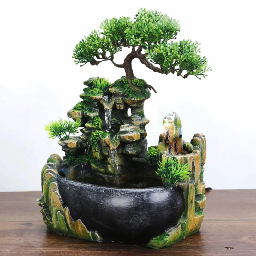 Fontanna na biurko, wewnętrzna fontanna na biurko Wodospad LED Fontanna na biurko ze zmianą koloru do dekoracji biurka Symulacja Rockery Humidifier Decor (EU 220V)