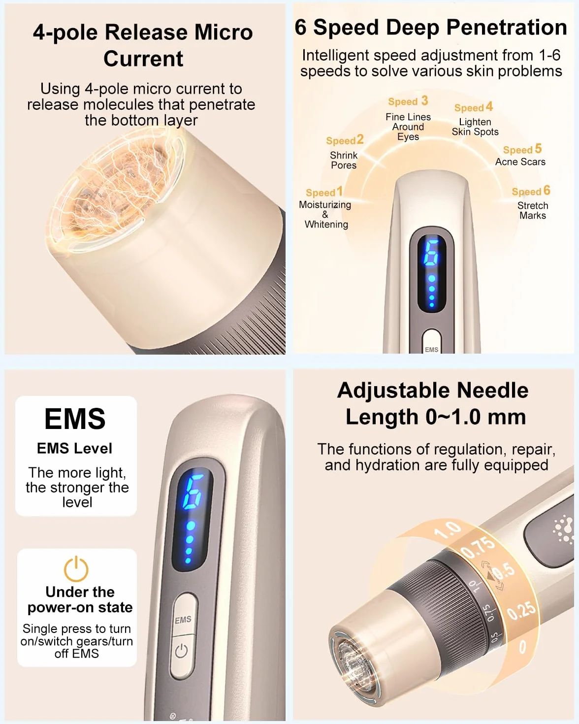 Hydra. Pen H5 Dermapen Microneedling Pen, EMS Microcurrent Automatyczna aplikacja serum Microneedling Narzędzie kosmetyczne 3 w 1 z 5 rodzajami wkładów, prezenty dla kobiet (złoto)