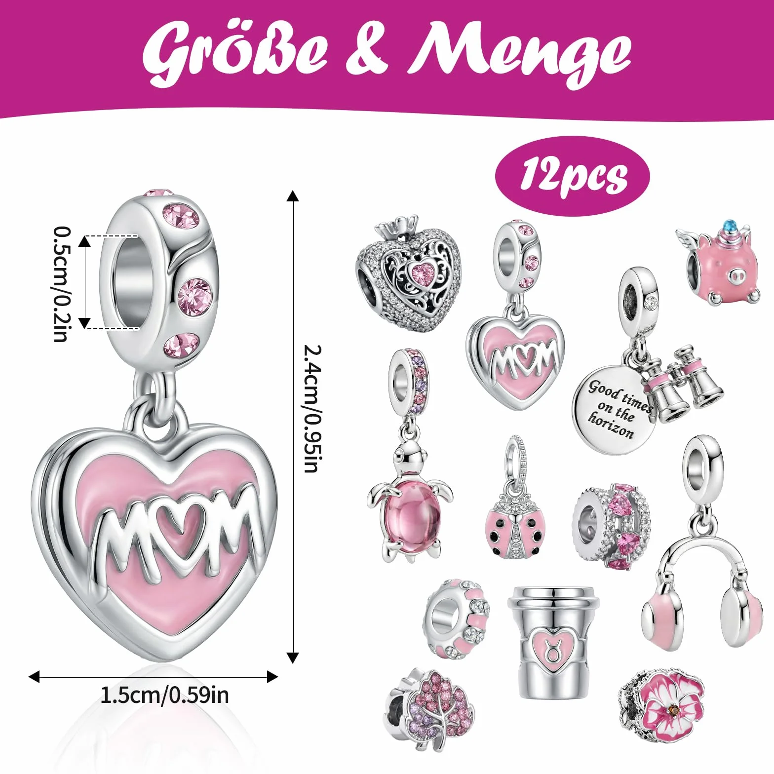 Zawieszki Charms do bransoletki Pandory: 12 sztuk charmsów i koralików dla kobiet, srebrna i różowa biżuteria, akcesoria Y2k dla mamy, córki, charmsy na 18. urodziny dziewczynki