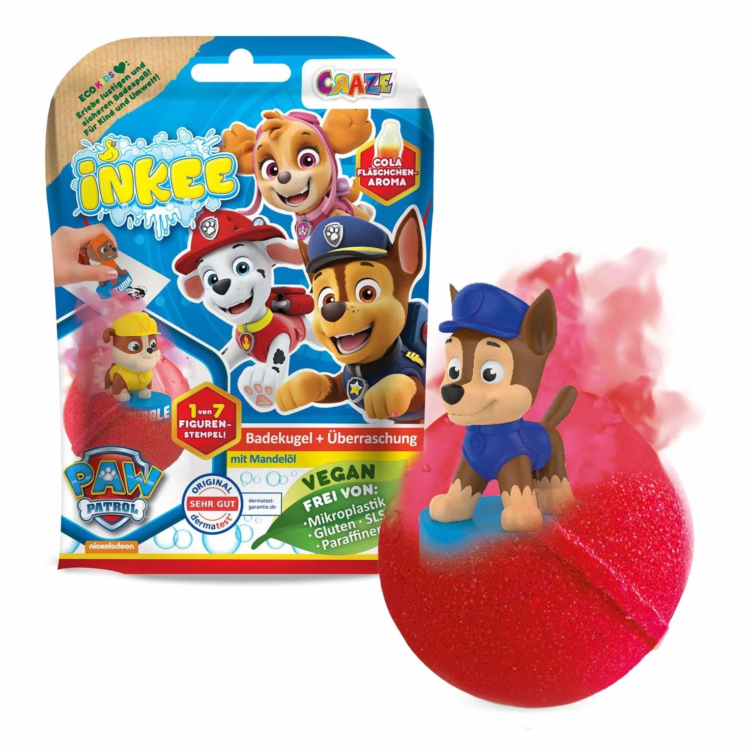 INKEE Psi Patrol Bomba Kąpielowa dla Dzieci z Niespodzianką Figurka Paw Patrol, Musująca Kula, Zapach Gumy Coli, Kolor Losowy