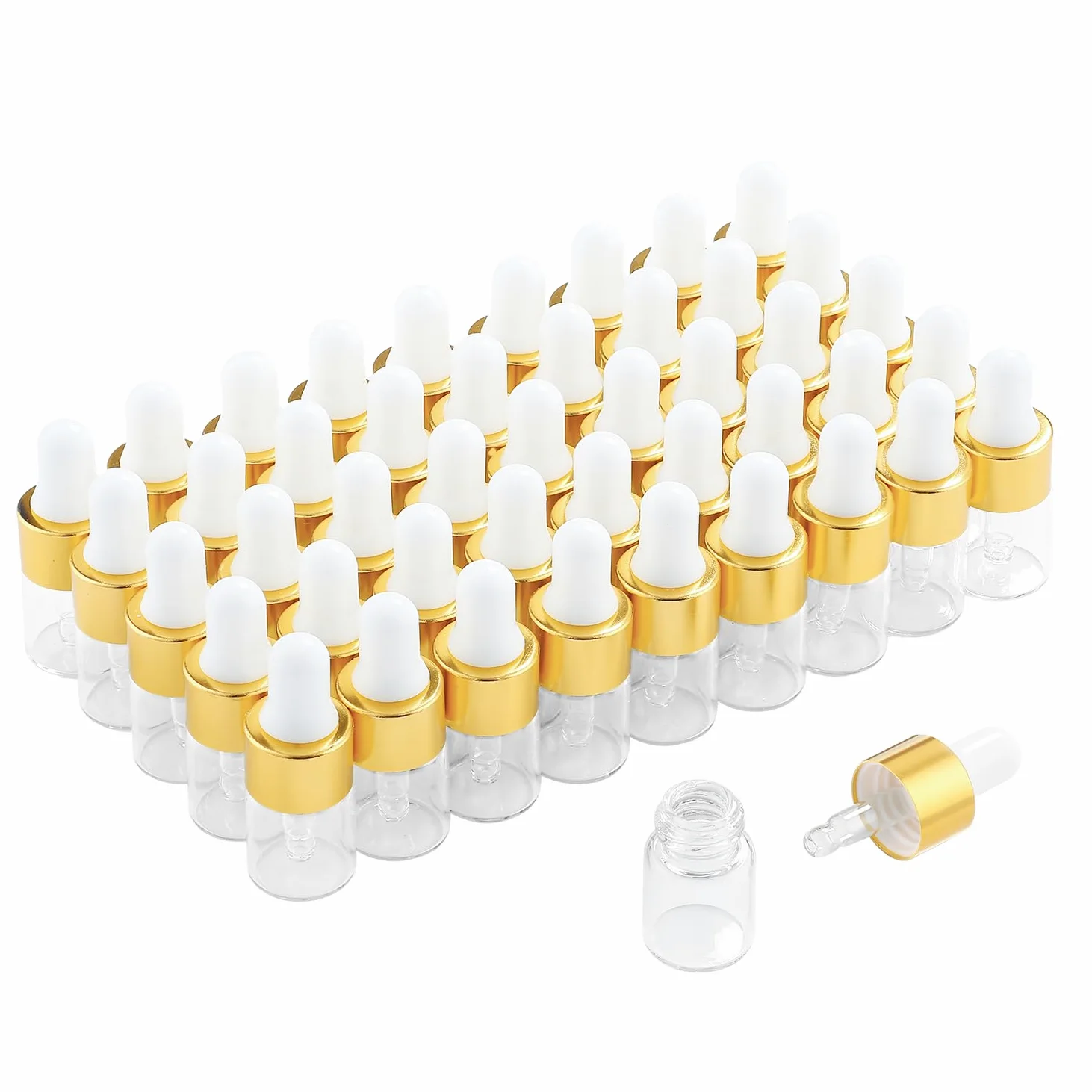 50 szt. mini szklanych buteleczek z kroplomierzem 2 ml – złote zakrętki, idealne na nalewki, olejki eteryczne, perfumy i płyny – z pipetą i lejkiem