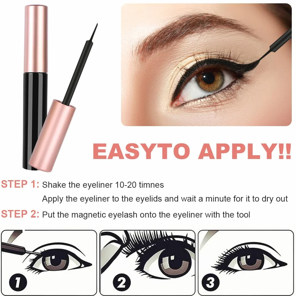 Magnetyczne sztuczne rzęsy, 12 par magnetycznych rzęs z 2 magnetycznymi eyelinerami, wielokrotnego użytku, zestaw sztucznych rzęs, naturalny i długotrwały efekt 3D