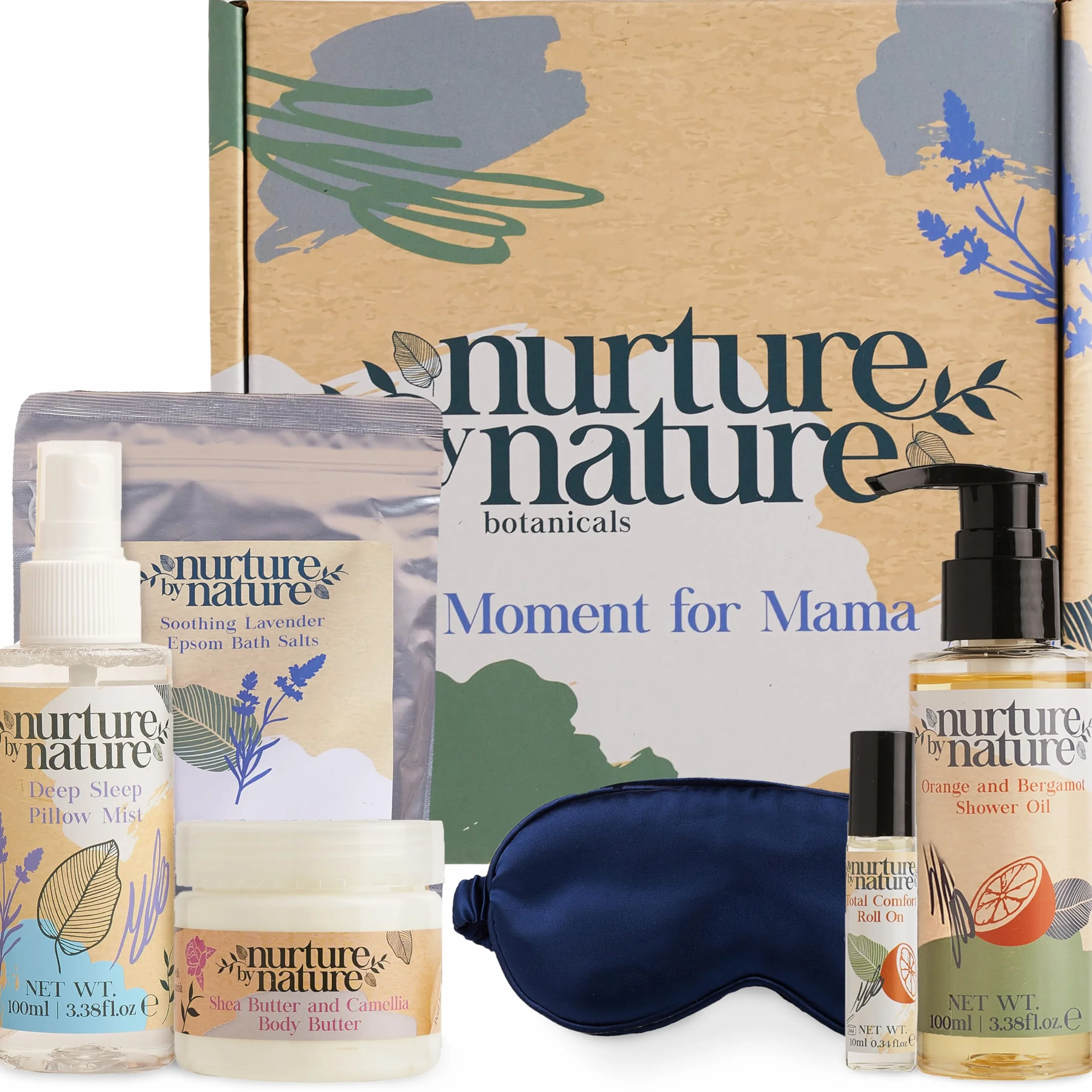 Nurture by Nature Moment for Mama Gift Set Body Butter Shower Oil Essential Oil Roll on Epsom Bath Salts Silk Eye Mask Pregnancy Gift