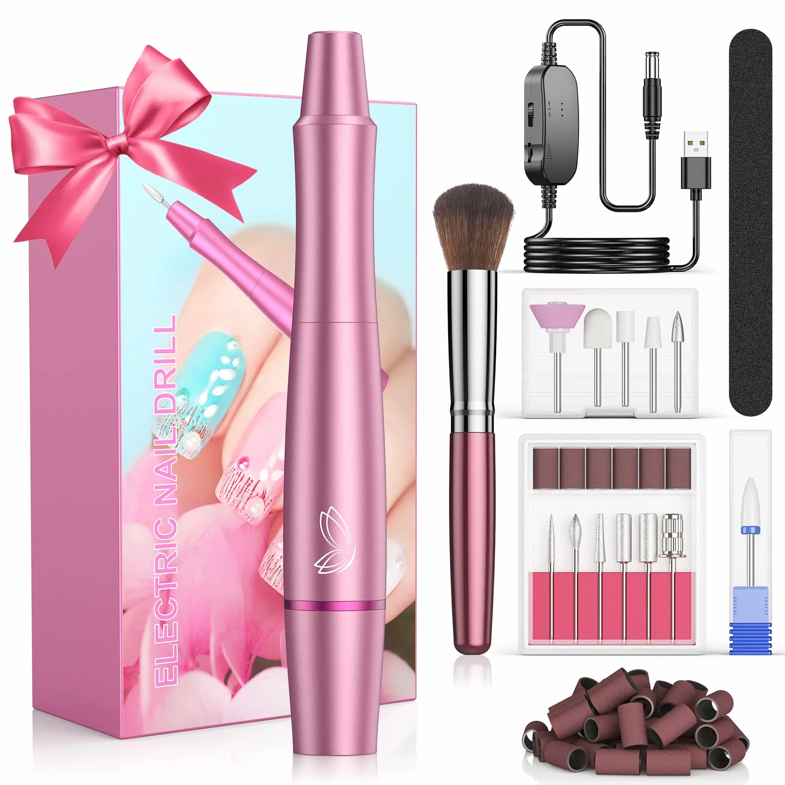 Frezarka do paznokci żelowych, elektryczna frezarka do paznokci, zestaw do manicure, elektryczna frezarka do paznokci żelowych, 12 w 1, bezstopniowa prędkość do manicure "zrób to sam" (różowa)