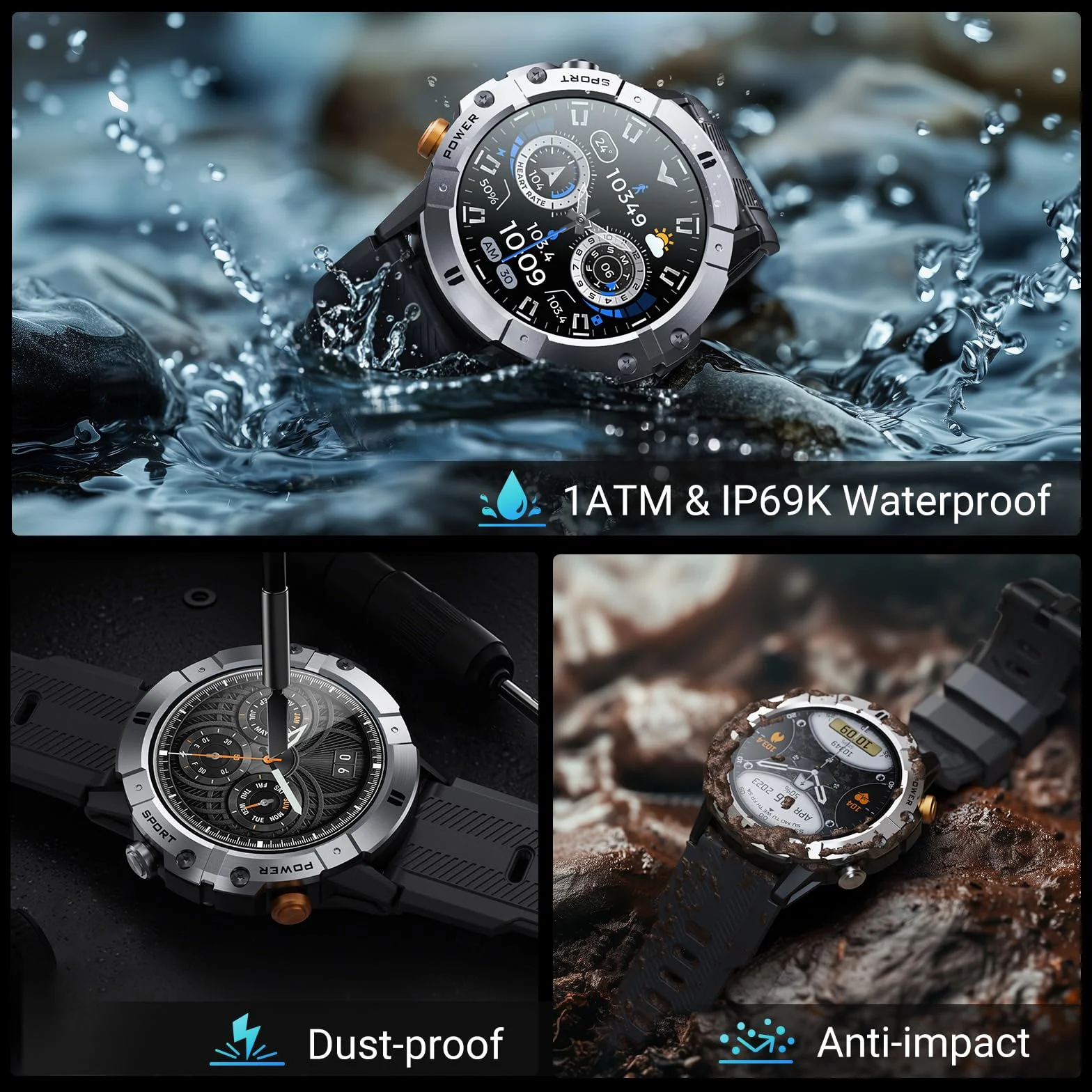 VIRAN Smartwatch męski, 1,52" Smart Watch z pomiarem ciśnienia krwi, wodoszczelność IP68, zegarek fitness ze SpO2, pulsometrem i monitorowaniem snu, zegarek fitness / zegarek sportowy z ponad 100